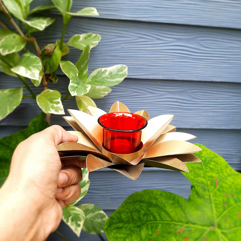 Tea Light Candle Holder - Lotus Design | Candle T Light Stand with Glass Cup - for Home, Table, Shelf, Dining Table Decor - 7 Inch - Apkamart