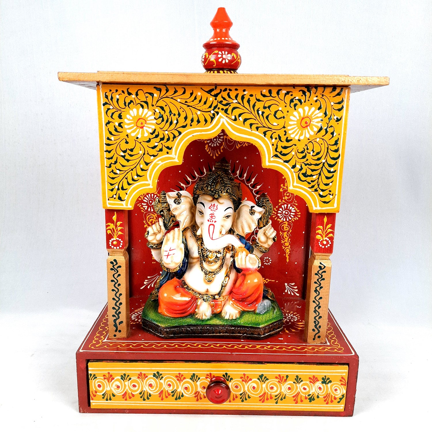 Pooja Temple Wooden With Storage Drawer | Mandir For Home | Puja Stand / Mandap Wall Mounted - For Religious Decor, House, Ghar, Office, Shop - Apkamart #Size_17 inch