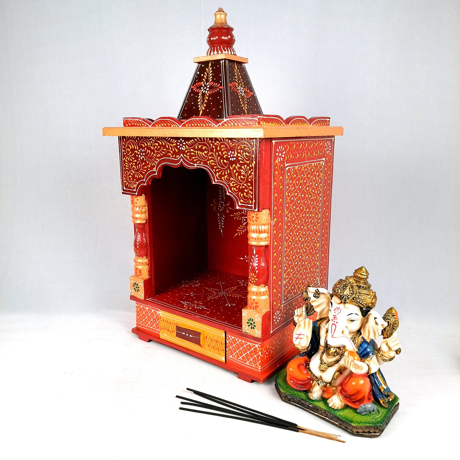 Pooja Temple Wooden With Storage Drawer | Big Mandir For Home | Puja Stand Mandap Wall Mounted – For House, Ghar, Office, Shop - 23 Inch