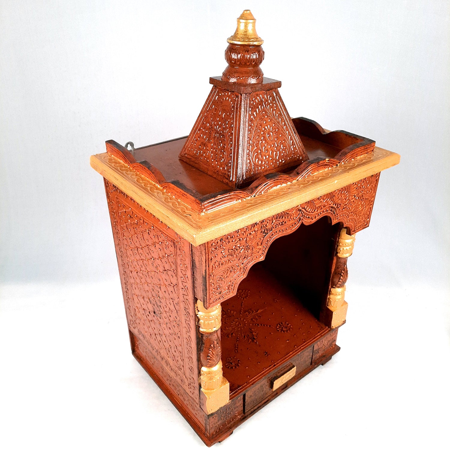 Pooja Temple Wooden With Closed Sides | God Temple For Home | Antique Puja Stand Mandir - Wall Mounted – For Ghar, Office, Shop - 23 Inch - Apkamart