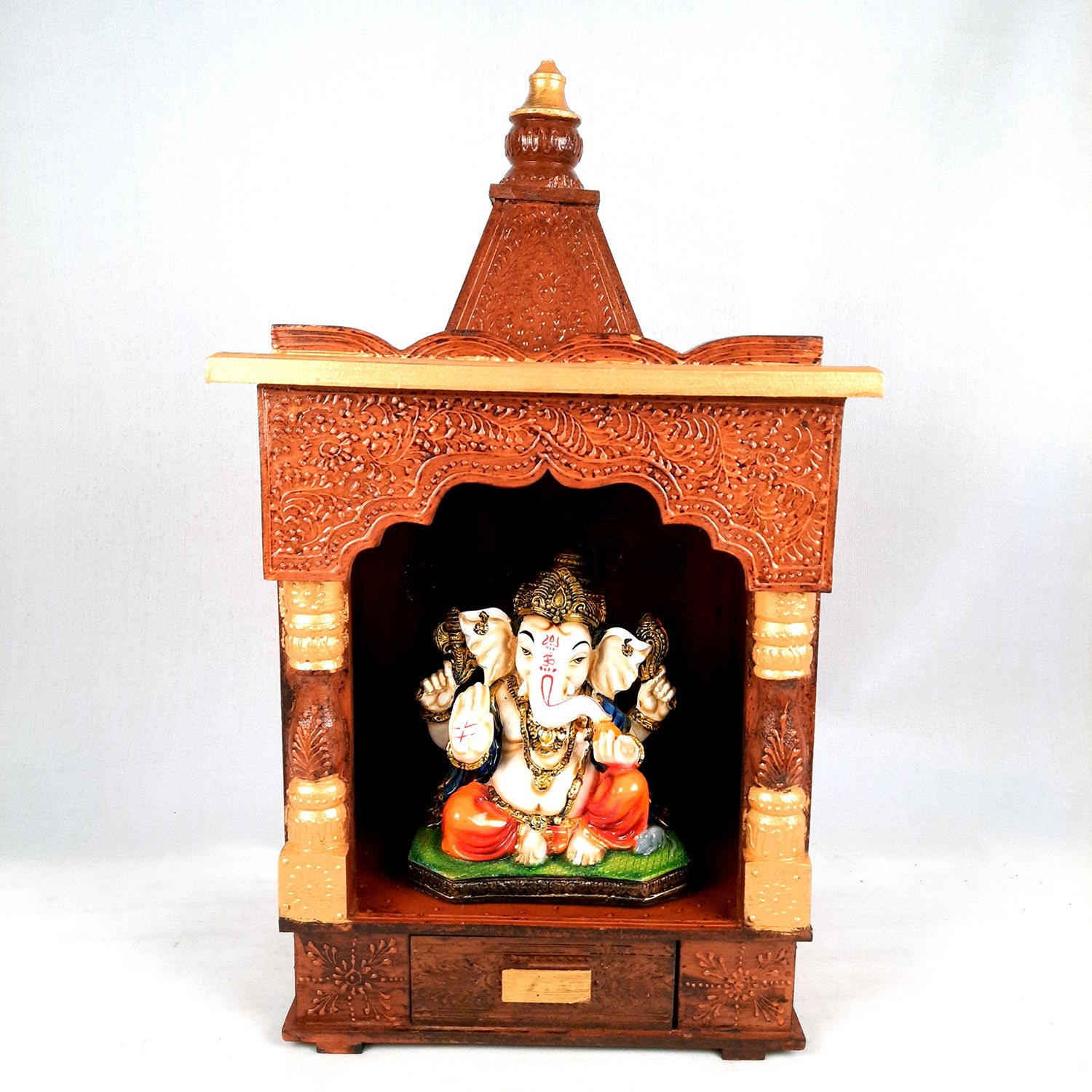 Pooja Temple Wooden With Closed Sides | God Temple For Home | Antique Puja Stand Mandir - Wall Mounted – For Ghar, Office, Shop - 23 Inch - Apkamart