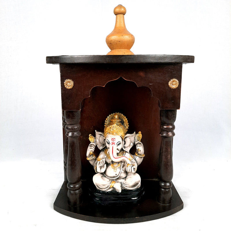 Pooja Mandir with Rustic Look | Antique Home Temple Wooden | Puja Stand/Unit – for Home, Ghar, Office, Shop - 14 inch- apkamart