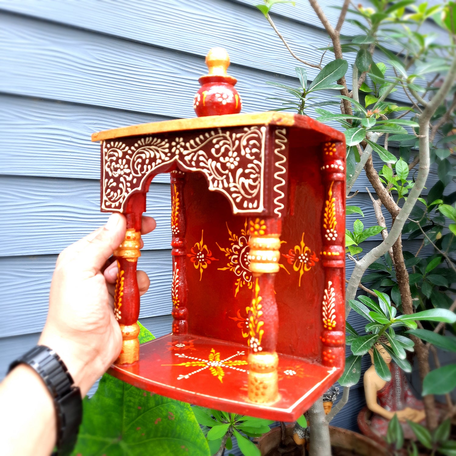 Pooja Temple Wooden | God Temple For Home | Puja Mandir Stand | Pooja Unit Small Wall Mounted – For Ghar, Office, Shop - 12 Inch - Apkamart
