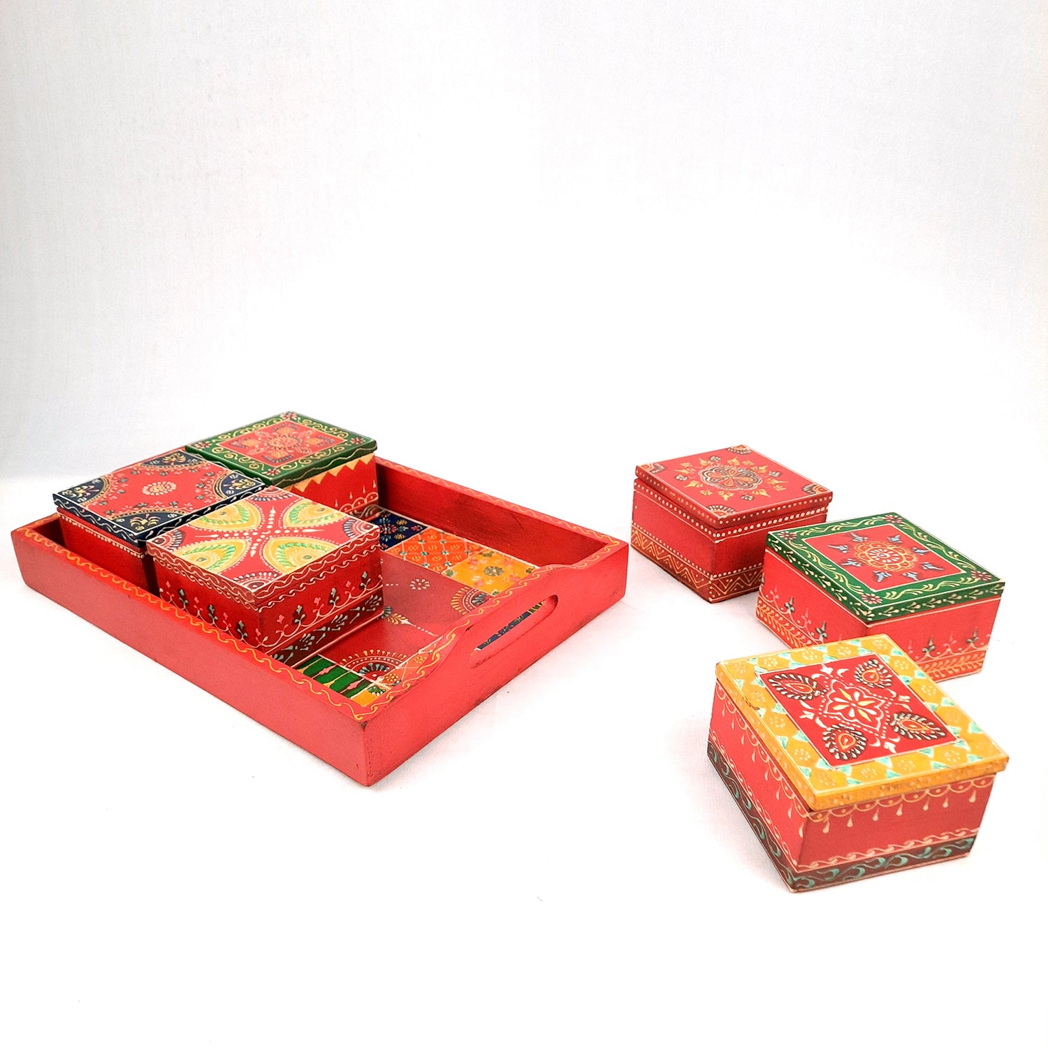 Serving Tray Wooden With Six Boxes & Lid | Mutipurpose Organizer Tray - For Dining Table, Kitchen , Organization & Gifts - Apkamart