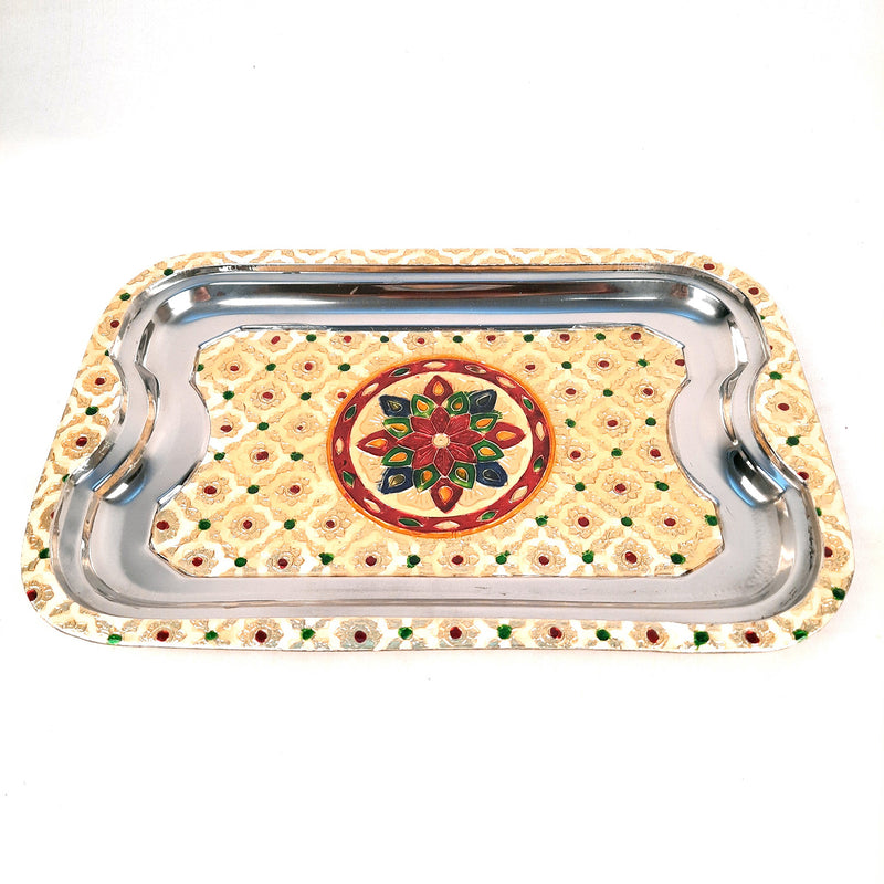 Serving Tray | Tea & Snacks Serving Platter | Steel Tray Rectangular - for Home, Dining Table, Kitchen Decor | Wedding & Housewarming Gift - 14 Inch - Apkamart