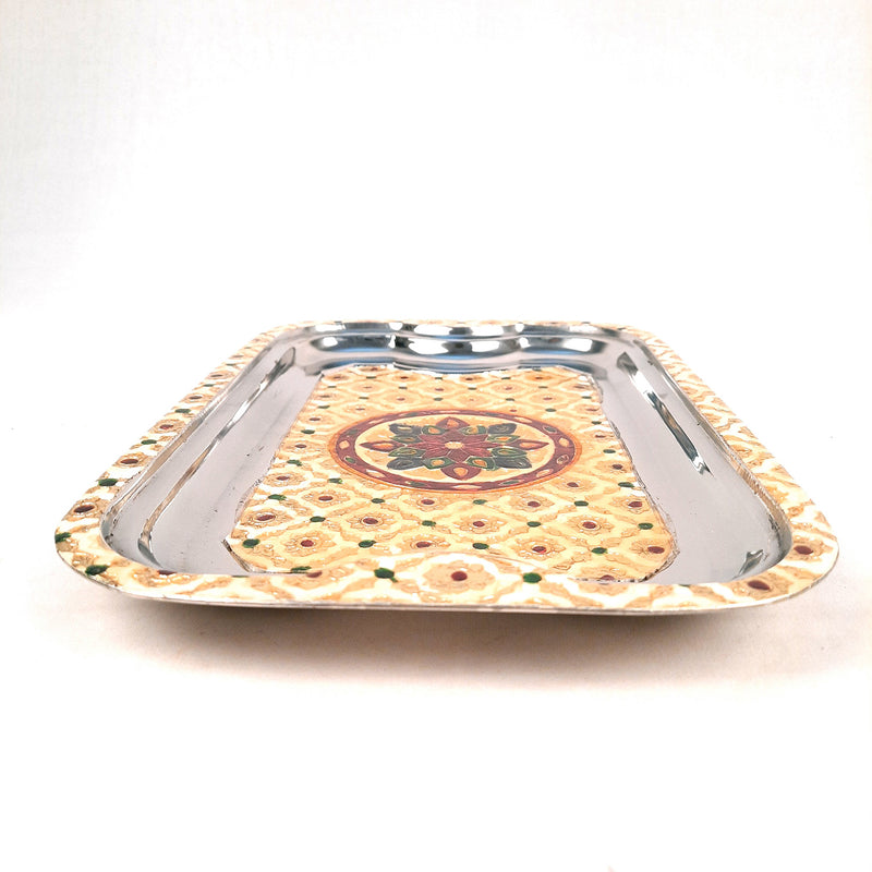 Serving Tray | Tea & Snacks Serving Platter | Steel Tray Rectangular - for Home, Dining Table, Kitchen Decor | Wedding & Housewarming Gift - 14 Inch - Apkamart