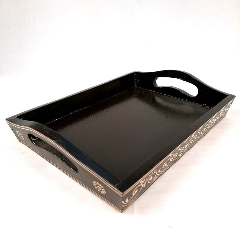 Serving Tray Wooden | Tea & Snacks Serving Platter | Hand Painted Tray - for Home, Dining Table, Kitchen Decor, Restaurants, Office, Cafe & Gifts - 12 Inch - Apkamart