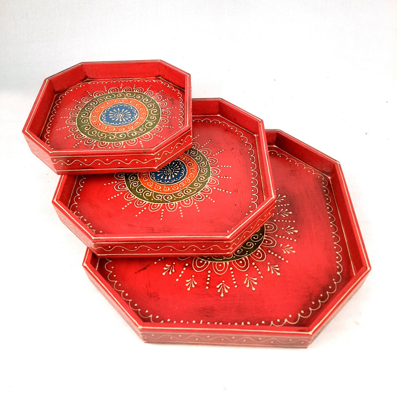 Wooden Serving Tray Set | Tea & Snacks Serving Platter - For Home, Dining Table, Kitchen Decor | Wedding & Housewarming Gift (Combo of 3) - Apkamart