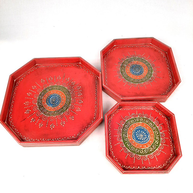 Wooden Serving Tray Set | Tea & Snacks Serving Platter - For Home, Dining Table, Kitchen Decor | Wedding & Housewarming Gift (Combo of 3) - Apkamart