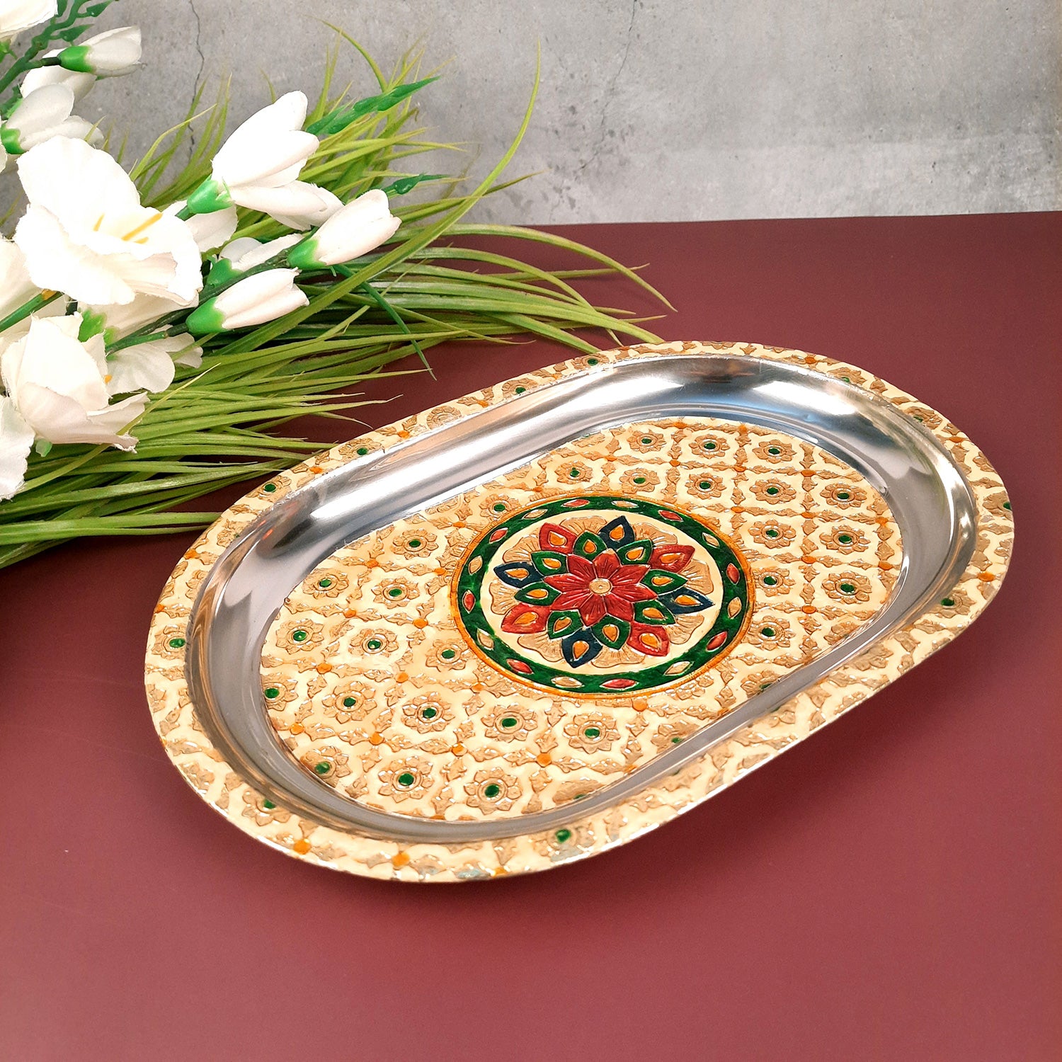 Serving Tray Steel | Tea & Snacks Serving Platter - for Home, Dining Table, Kitchen Decor | Wedding & Housewarming Gift - 12 Inch - Apkamart