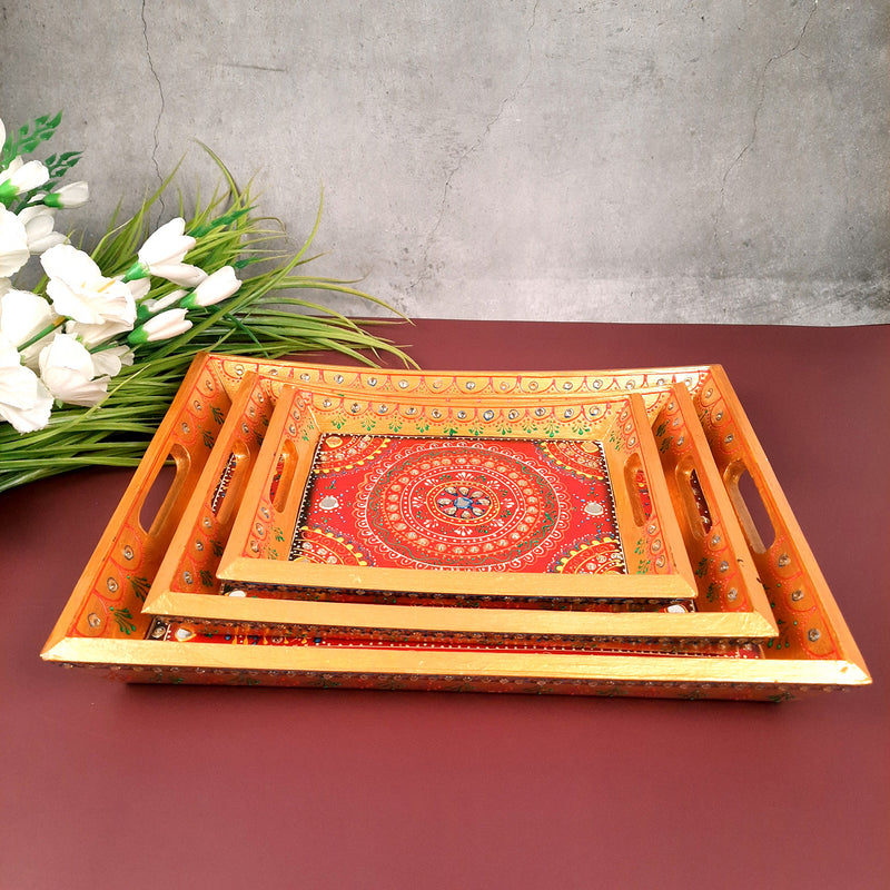 Wooden Serving Tray Set of 3 | Tea & Snacks Serving Platter - For Home, Dining Table, Kitchen Decor | Wedding & Housewarming Gift - Apkamart