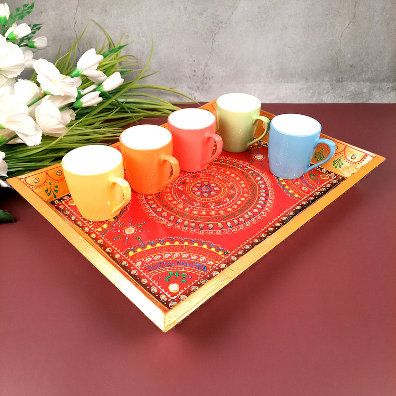 Wooden Serving Tray Set of 3 | Tea & Snacks Serving Platter - For Home, Dining Table, Kitchen Decor | Wedding & Housewarming Gift - Apkamart