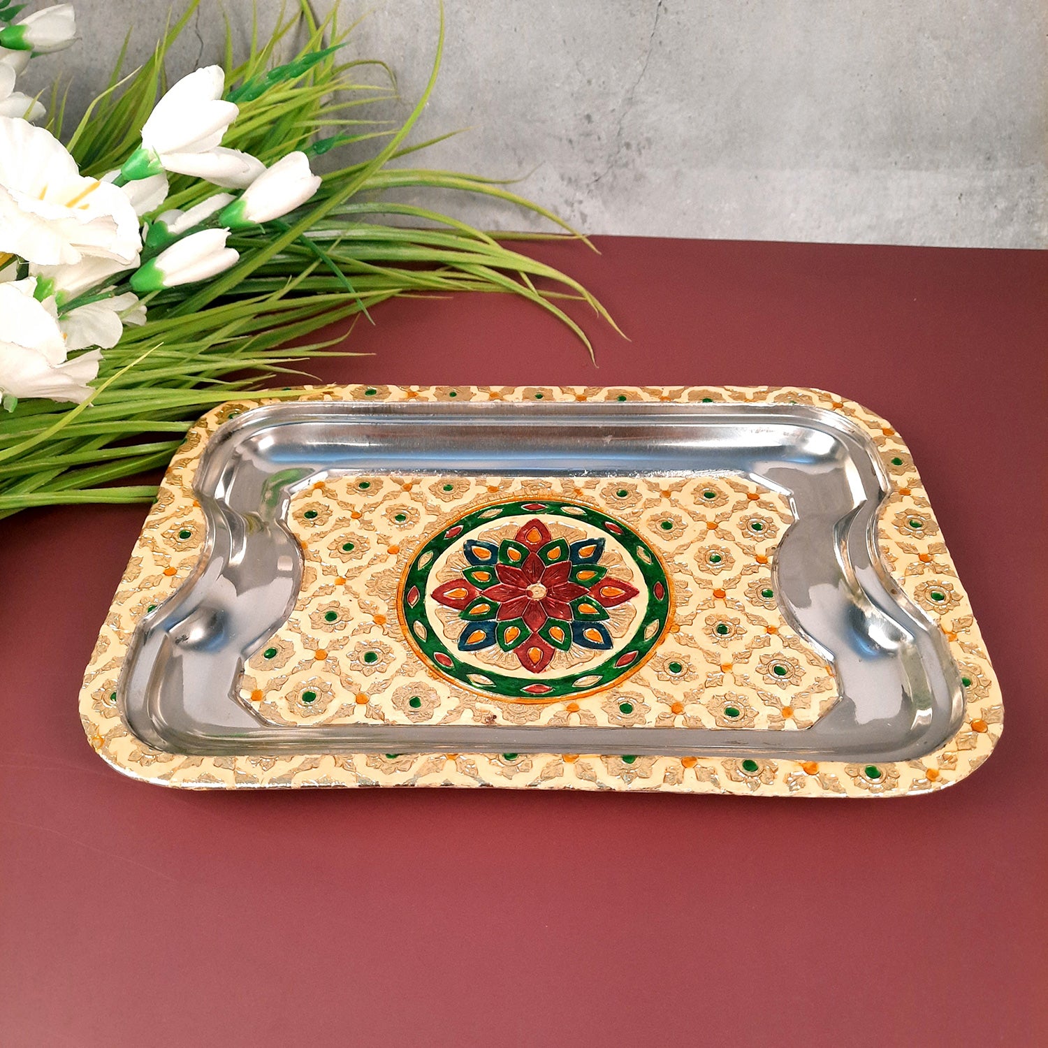 Serving Tray | Tea & Snacks Serving Platter | Rectangular Steel Tray - for Home, Dining Table, Kitchen Decor | Wedding & Housewarming Gift - 12 Inch - Apkamart
