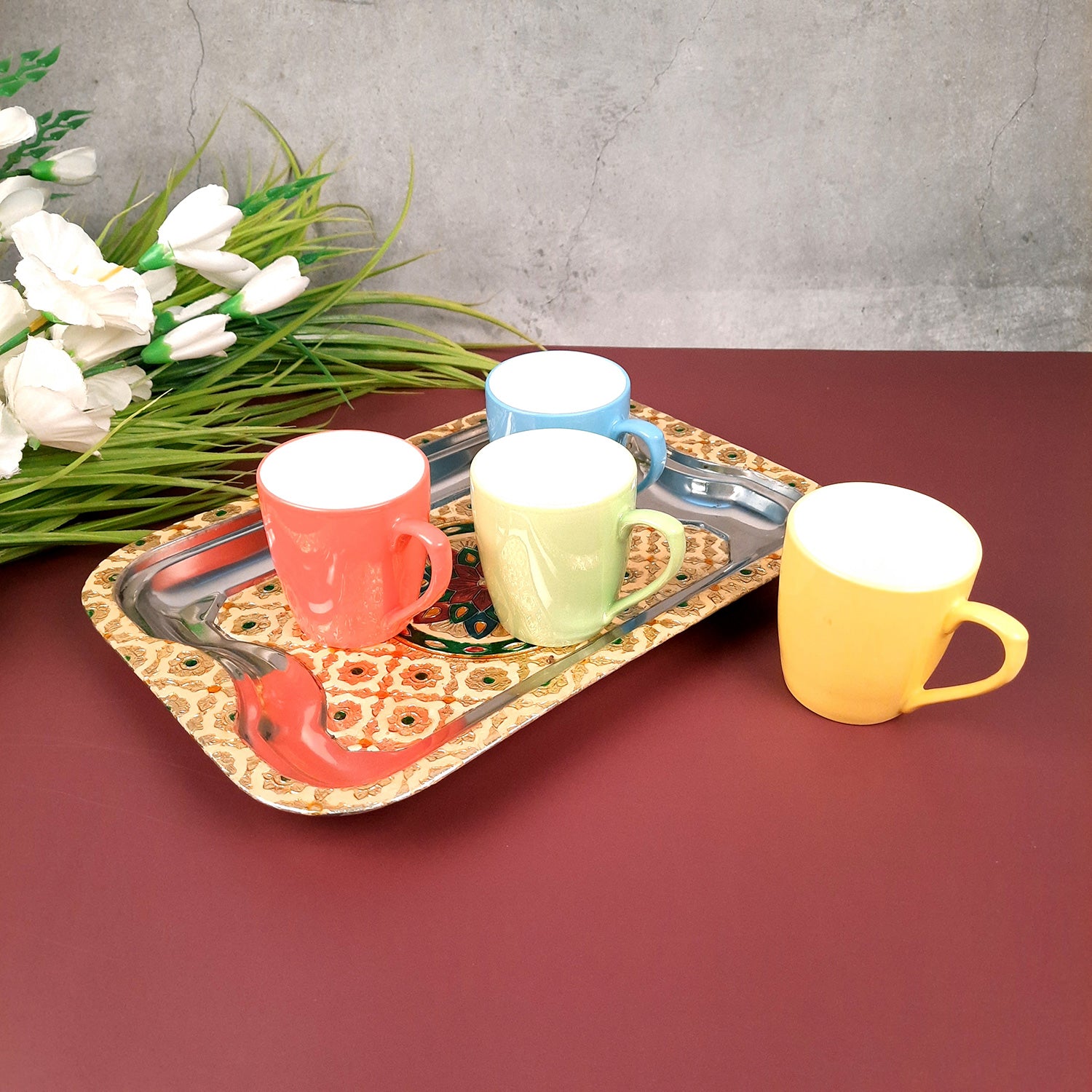 Serving Tray | Tea & Snacks Serving Platter | Rectangular Steel Tray - for Home, Dining Table, Kitchen Decor | Wedding & Housewarming Gift - 12 Inch - Apkamart
