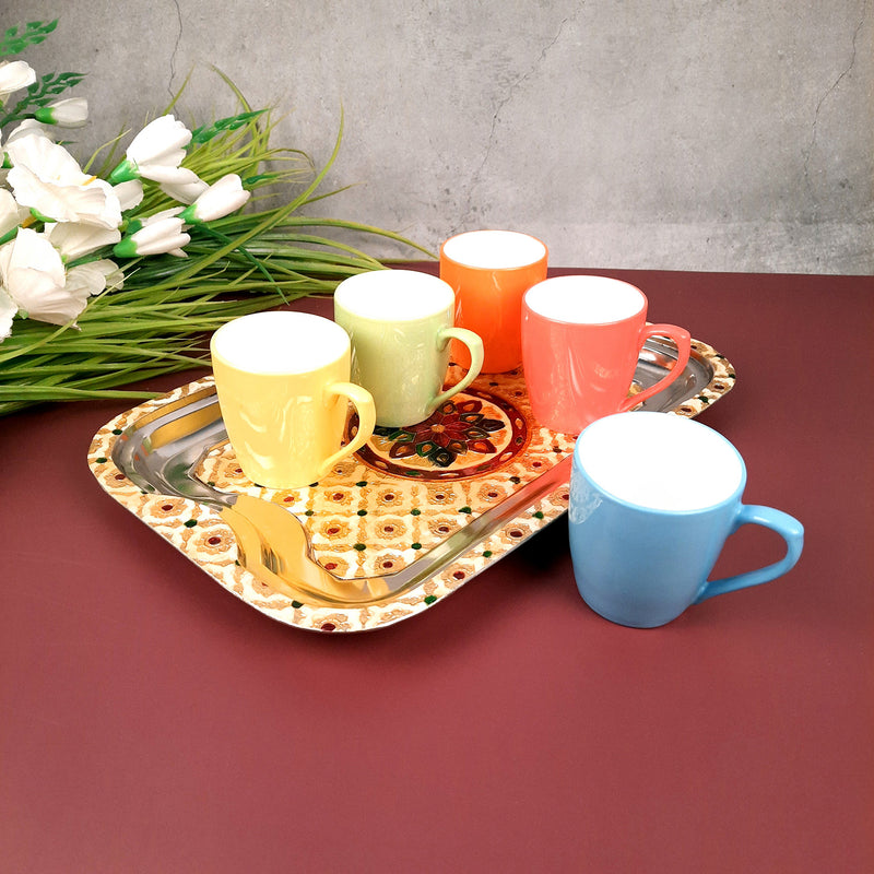 Serving Tray | Tea & Snacks Serving Platter | Steel Tray Rectangular - for Home, Dining Table, Kitchen Decor | Wedding & Housewarming Gift - 14 Inch - Apkamart