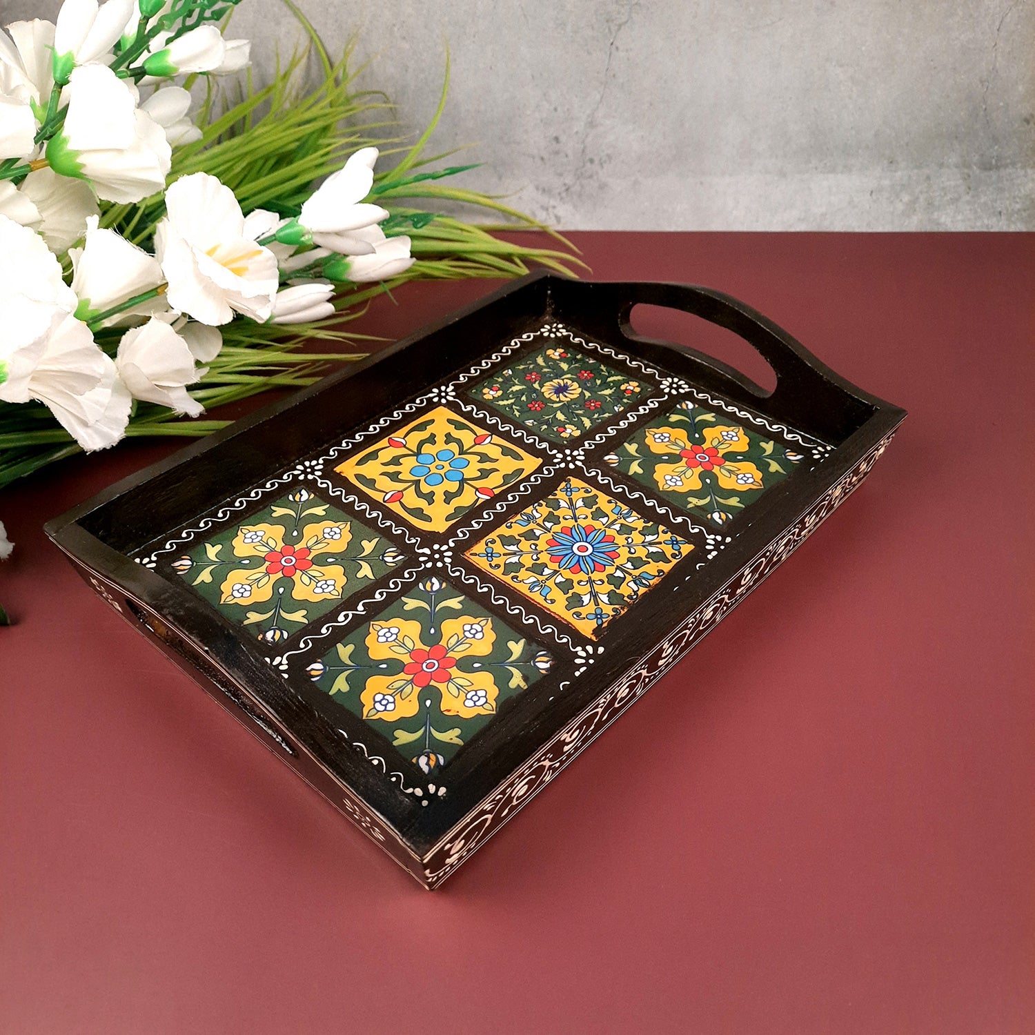 Serving Tray With In Built Ceramic Tiles | Tea & Snacks Serving Platter Wooden | Tray With Handles - for Home, Dining Table, Kitchen Decor, Restaurants, Office, Cafe & Gifts - 12 Inch - Apkamart