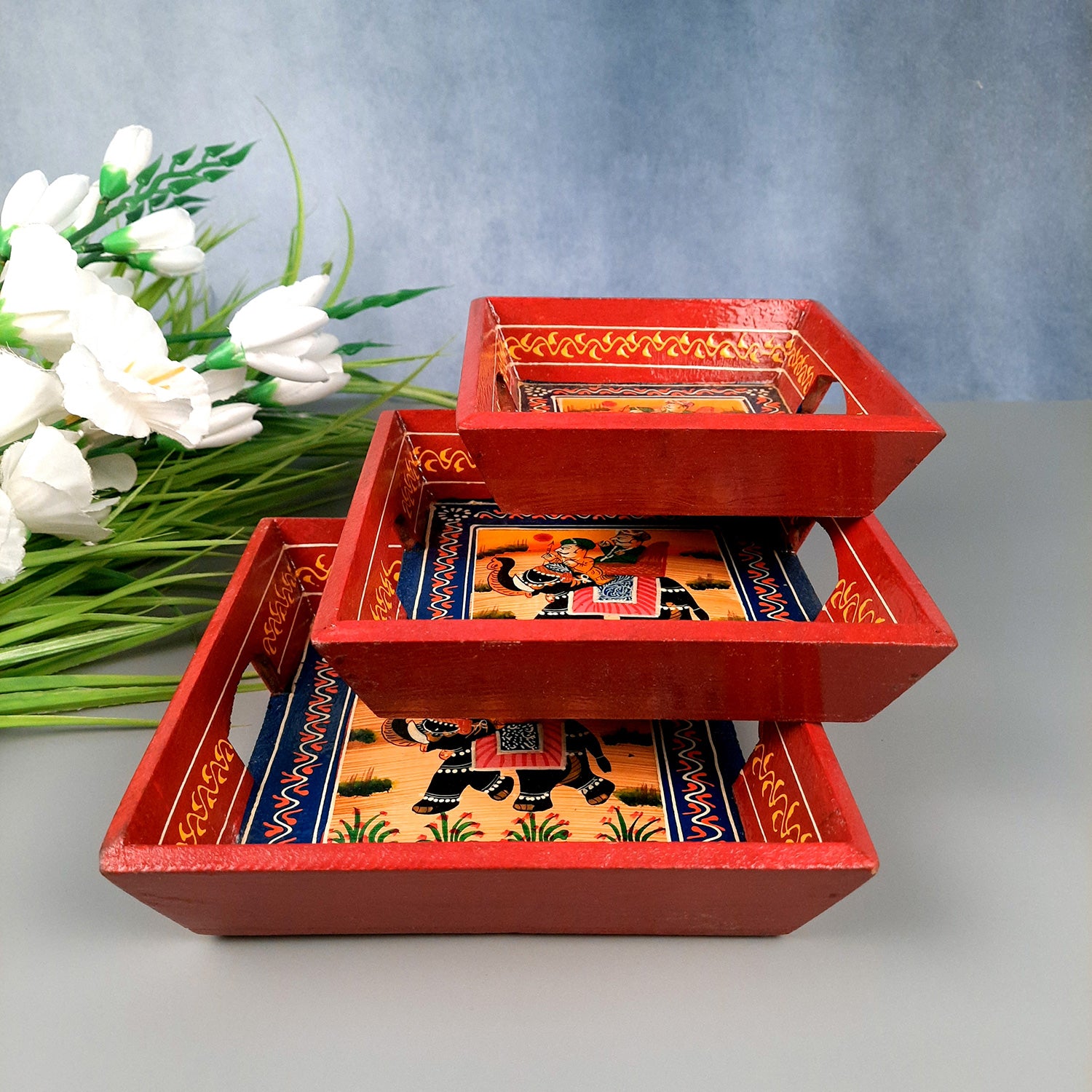 Wooden Serving Tray Set | Tea & Snacks Serving Platter - for Home, Dining Table, Kitchen Decor - (Wood, Red) (Set of 3)- Apkamart