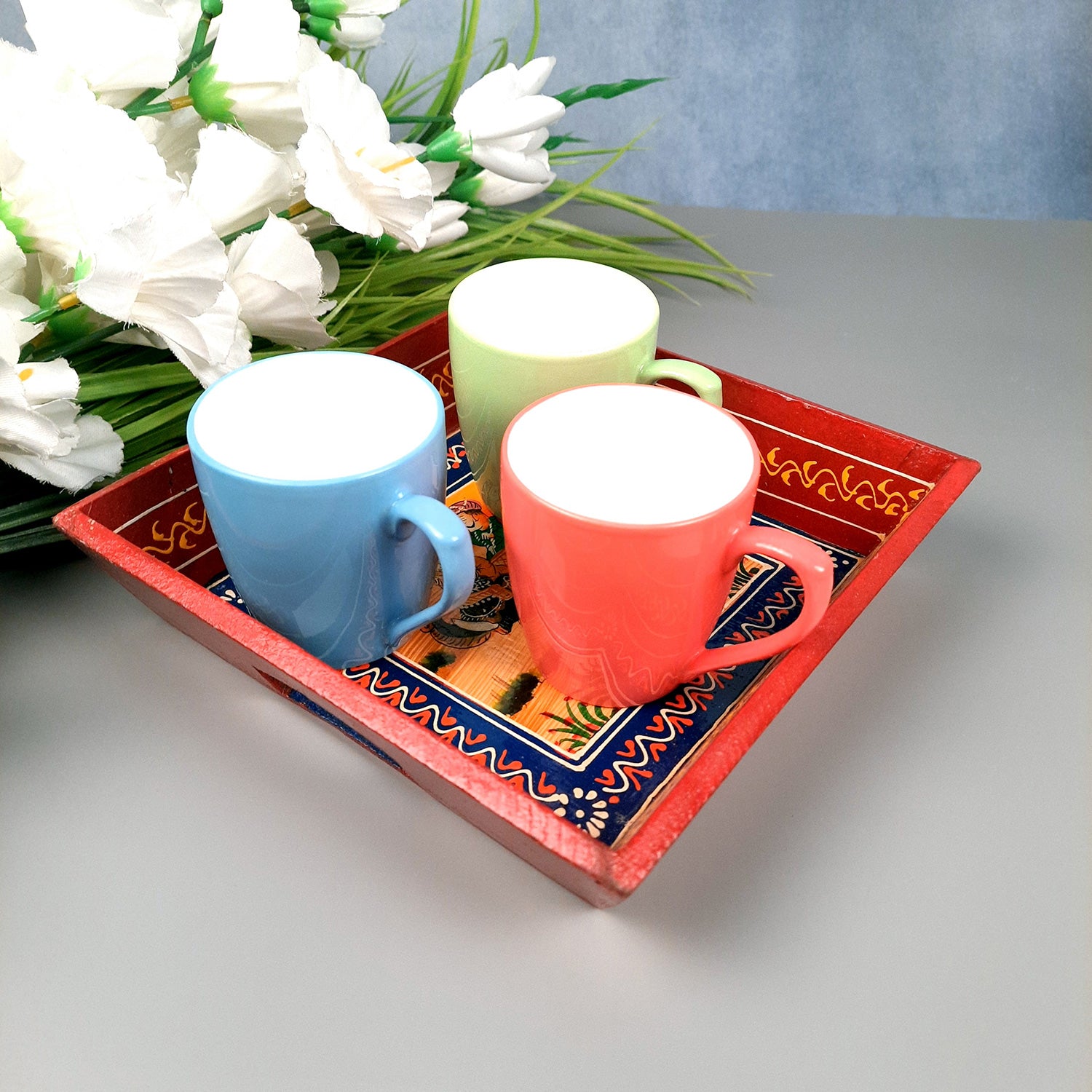 Wooden Serving Tray Set | Tea & Snacks Serving Platter - for Home, Dining Table, Kitchen Decor - (Wood, Red) (Set of 3)- Apkamart