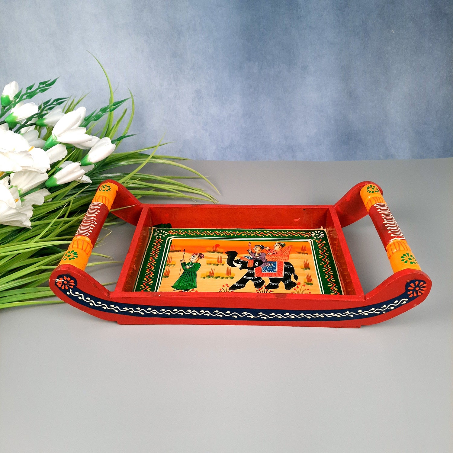 Serving Tray | Tea & Snacks Serving Platter Wooden | Tray With Handles - for Home, Dining Table, Kitchen Decor, Restaurants, Office, Cafe & Gifts - 13 Inch - Apkamart