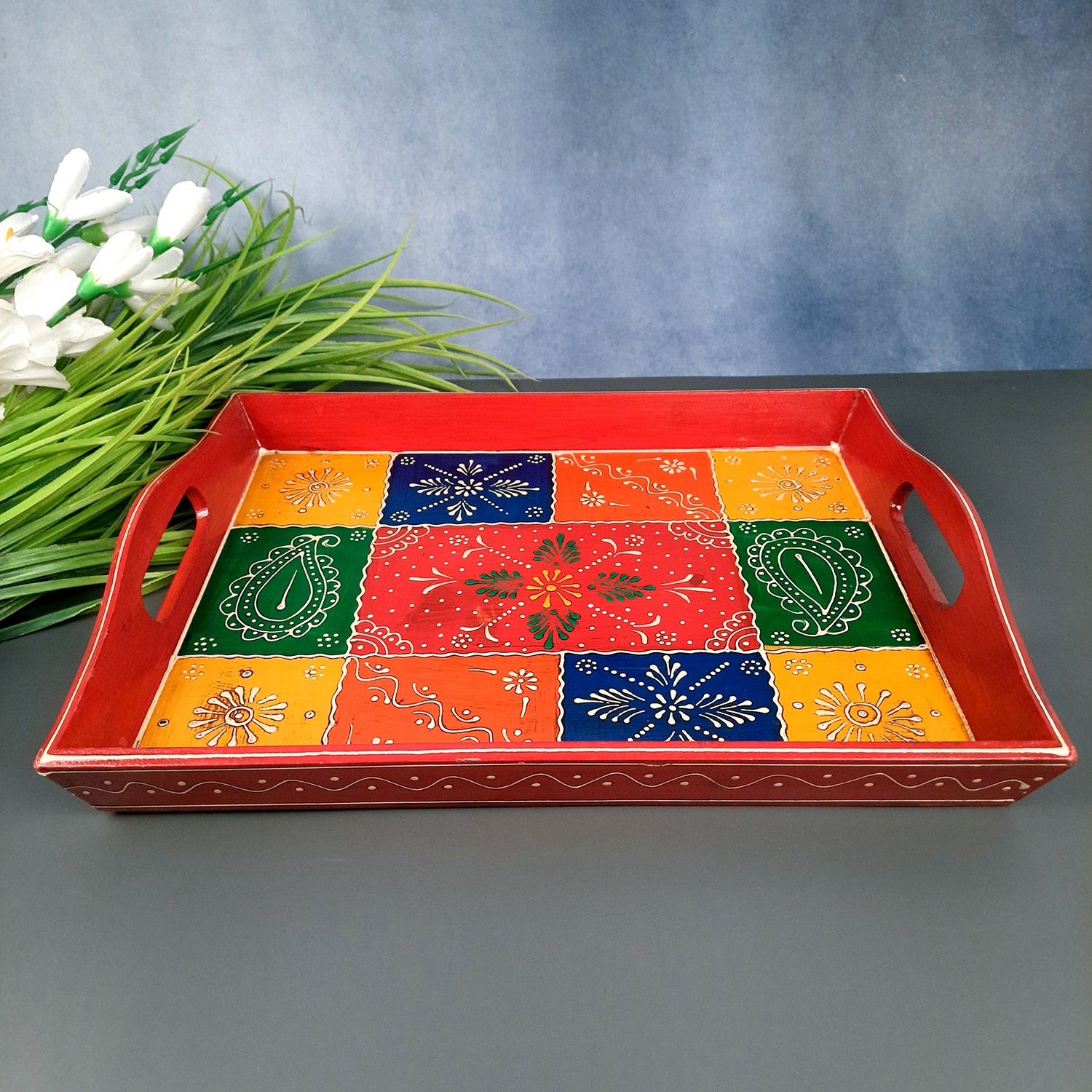 Serving Tray Wooden | Tea & Snacks Serving Platter - for Home, Dining Table, Kitchen Decor & Gift - 14 Inch - Apkamart