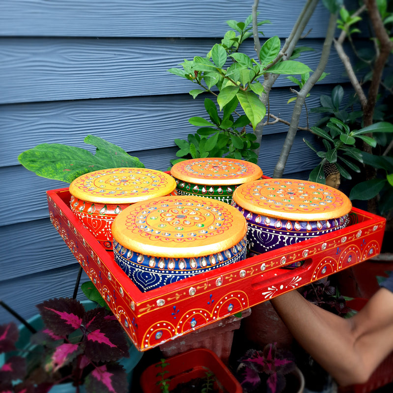 Serving Tray Wooden With Four Steel Bowls & Lid | Snack & Dry Fruit Serving Tray - For Home, Dining Table, Kitchen Decor | Wedding & Housewarming Gift - Apkamart