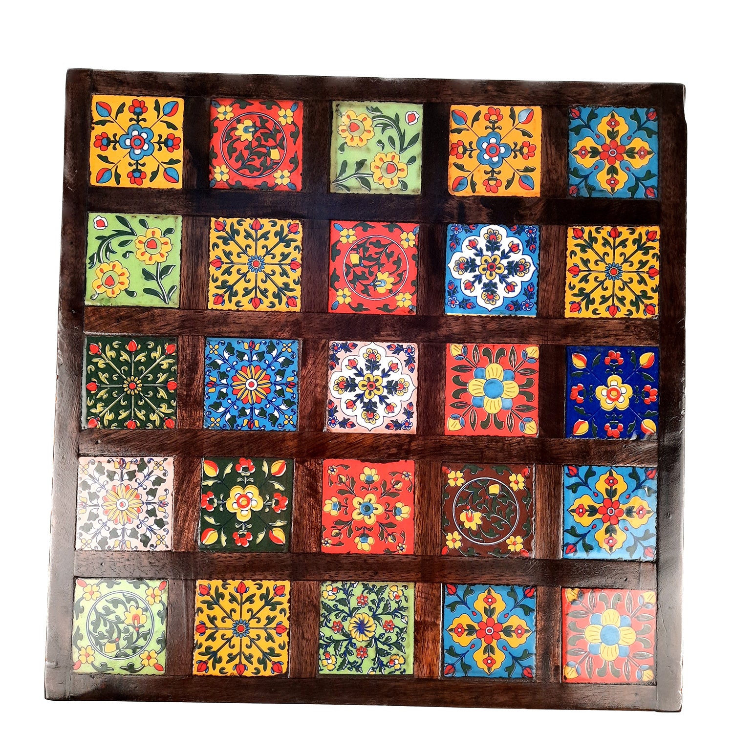 Wooden Puja Chowki with Ceramic Tile Top | Peeta / Patla - For Pooja, Weddings, Home Decor & Festivals - 13 Inches - Apkamart