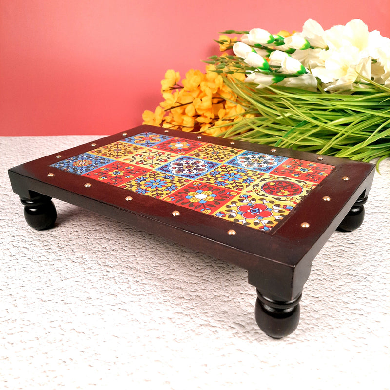 Puja Chowki Bajot | Patla with Ceramic Tile Top | Wooden Peeta - For Pooja, Sitting & Home Decor - 12 Inch - apkamart