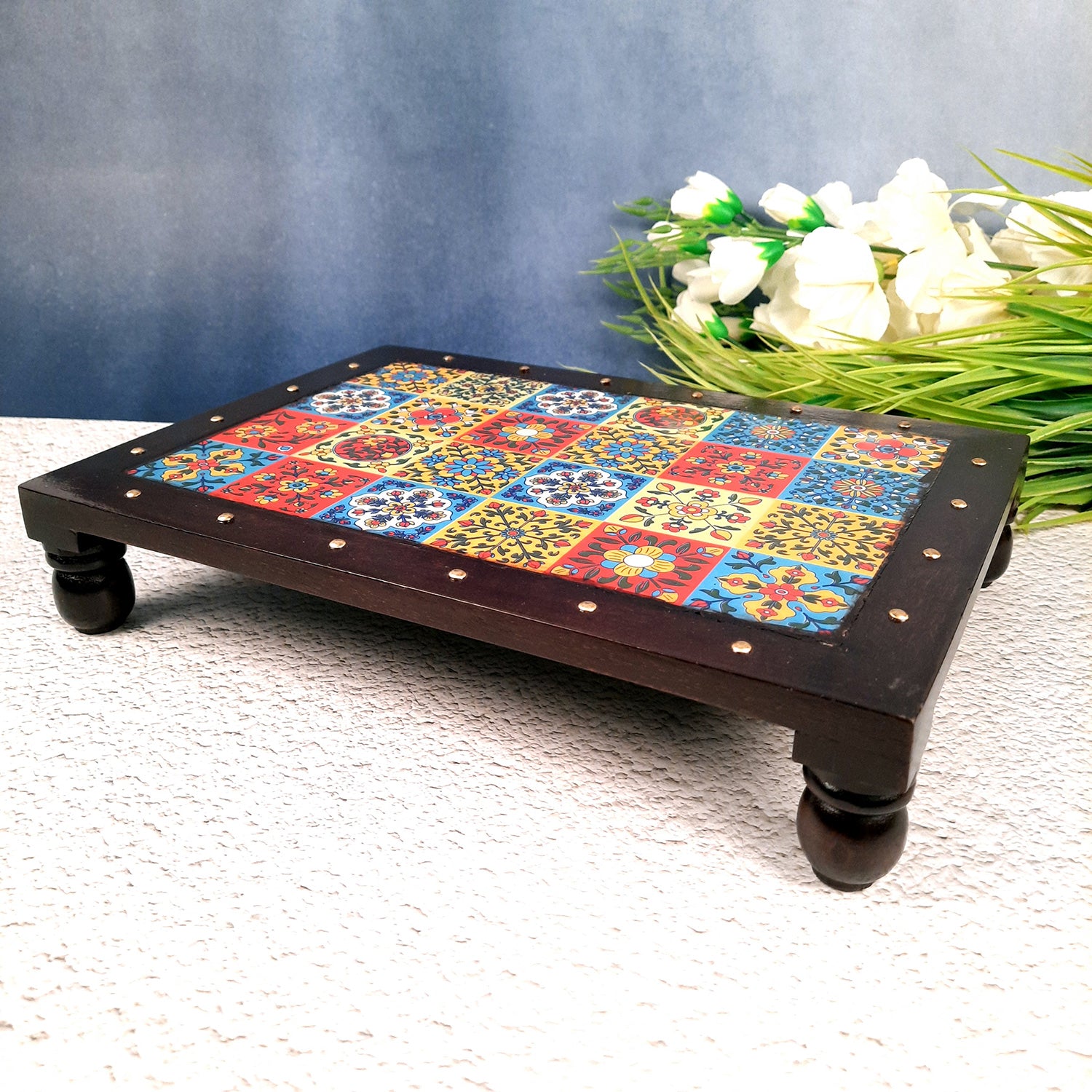 Puja Chowki Bajot Wooden | Patla with Ceramic Tile Top | Peeta - For Sitting, Corner Decor, Plant Stand, Home Decoration & Gift - 14 Inch - Apkamart