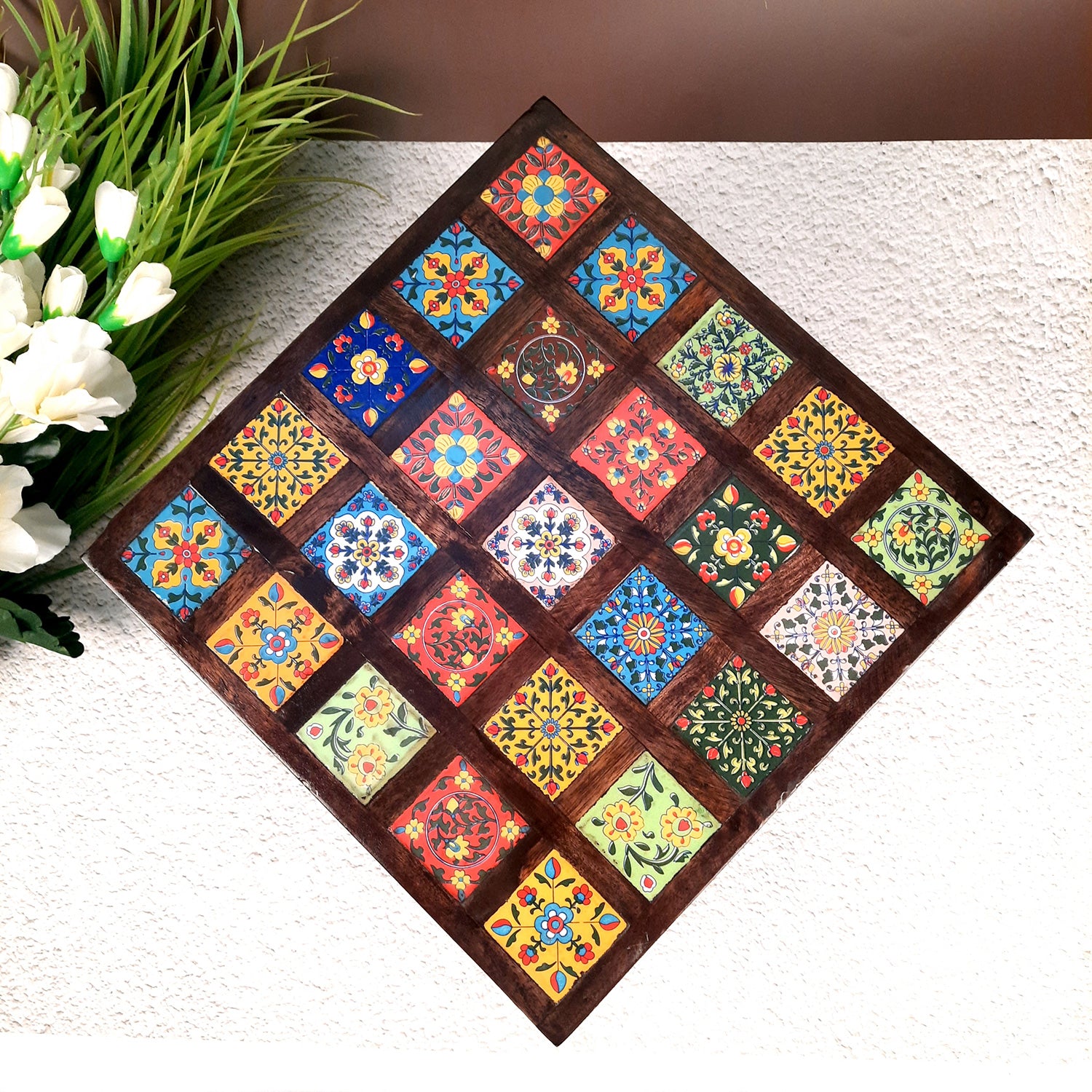 Wooden Puja Chowki with Ceramic Tile Top | Peeta / Patla - For Pooja, Weddings, Home Decor & Festivals - 13 Inches - Apkamart