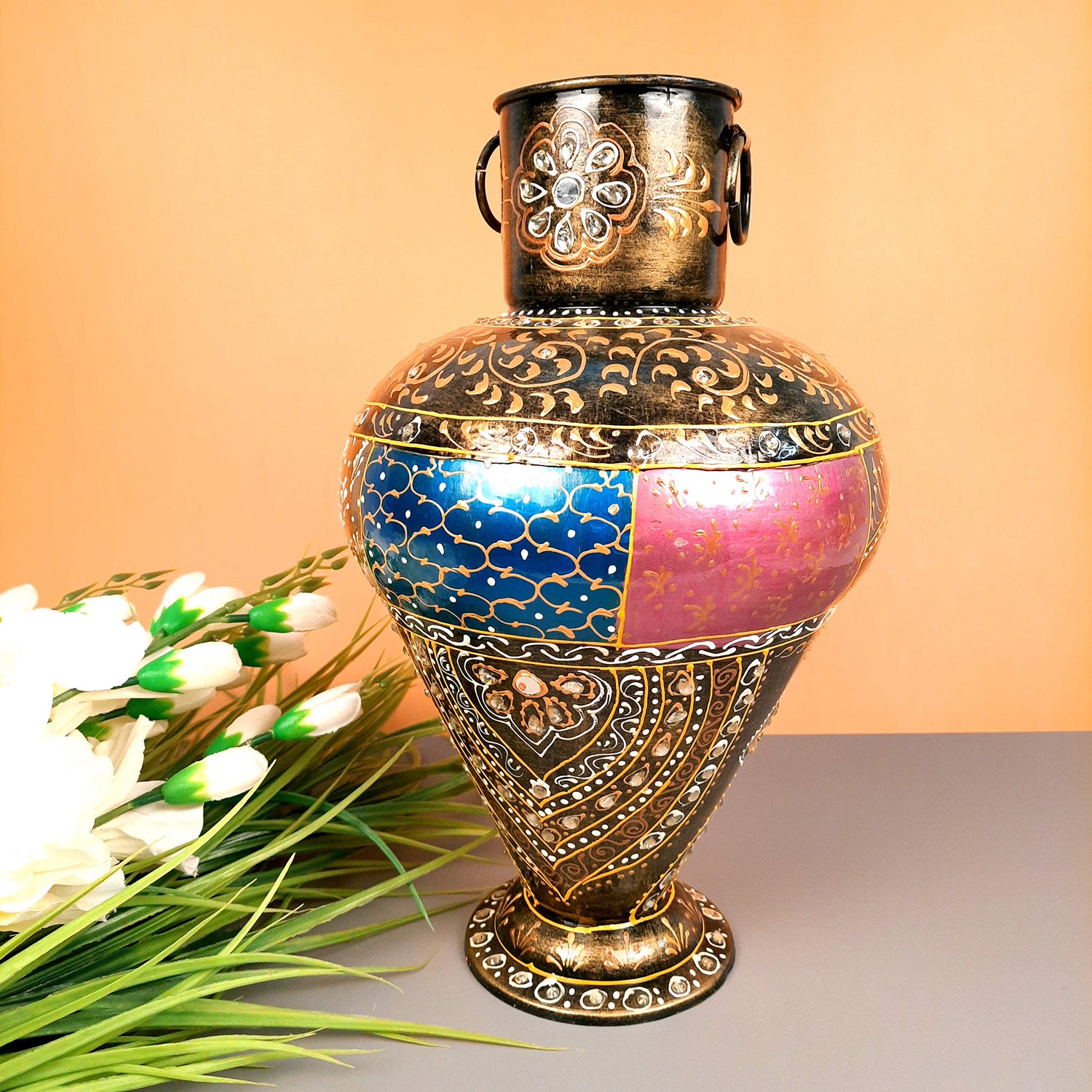 Flower Pot | Vase - Metal - for Home Decoration, Living Room, Table, Shelf, Office & Interior Decor | House Warming & Festival Gift   - 14 Inch