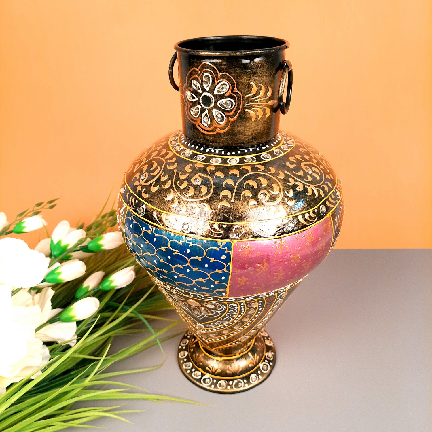 Flower Pot | Vase - Metal - for Home Decoration, Living Room, Table, Shelf, Office & Interior Decor | House Warming & Festival Gift   - 14 Inch