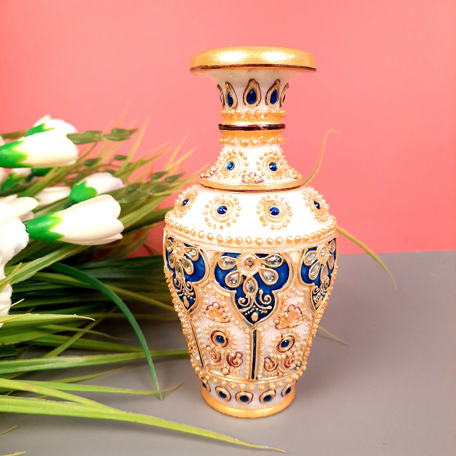 Flower Vase Marble| Flower Pot - For Home, Table Decor, Living Room & Gifts - 6 inches - Apkamart