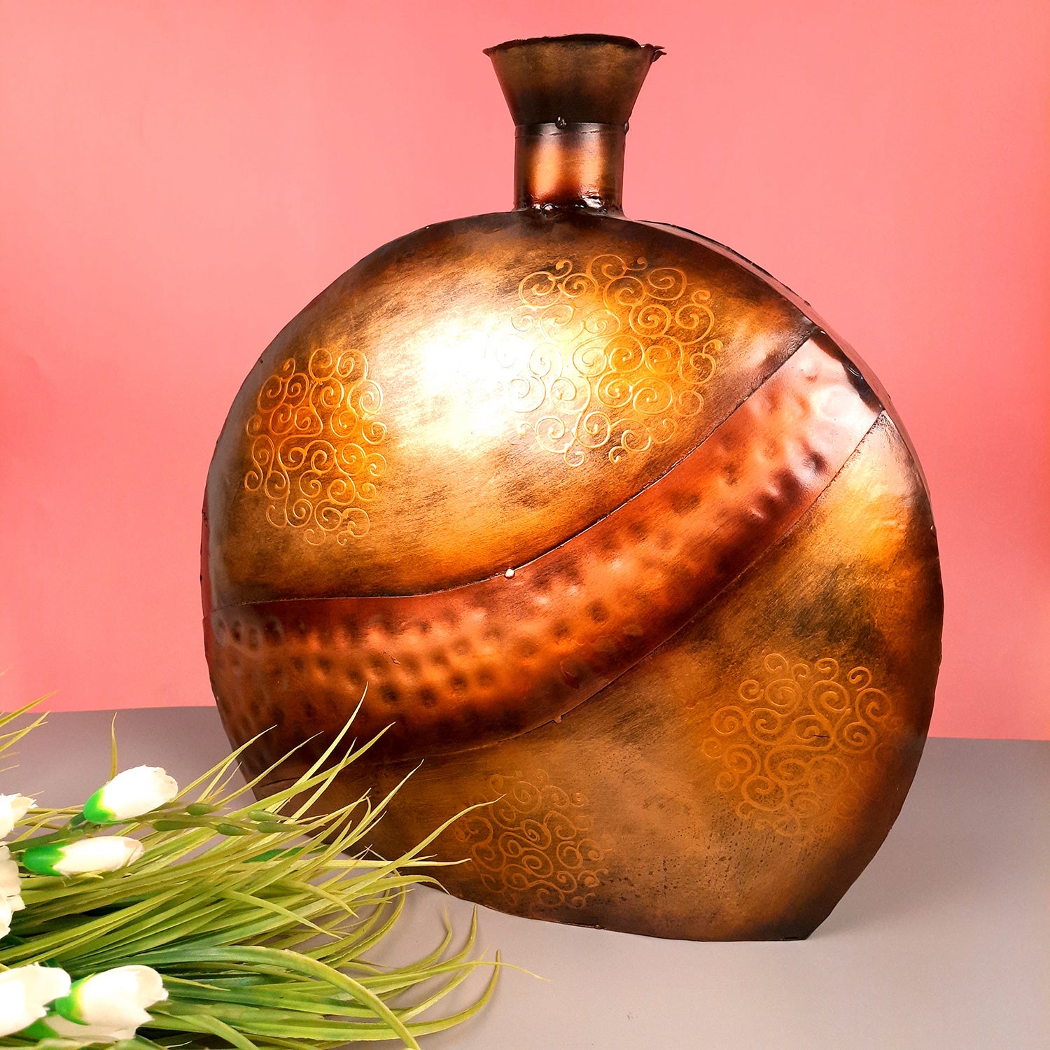 Flower Pot Big | Antique Metal Vase - For Home, Living Room, Dining Space, Corner Decor & Gifts - 10 Inch - Apkamart