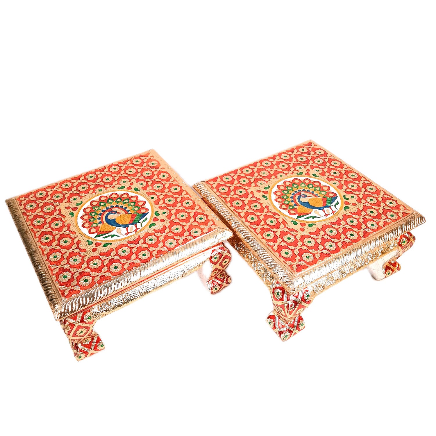 Meenakari Wooden Chowki Bajot - For Pooja & Home Decor - 12 Inch- Apkamart #Style_Pack of 2