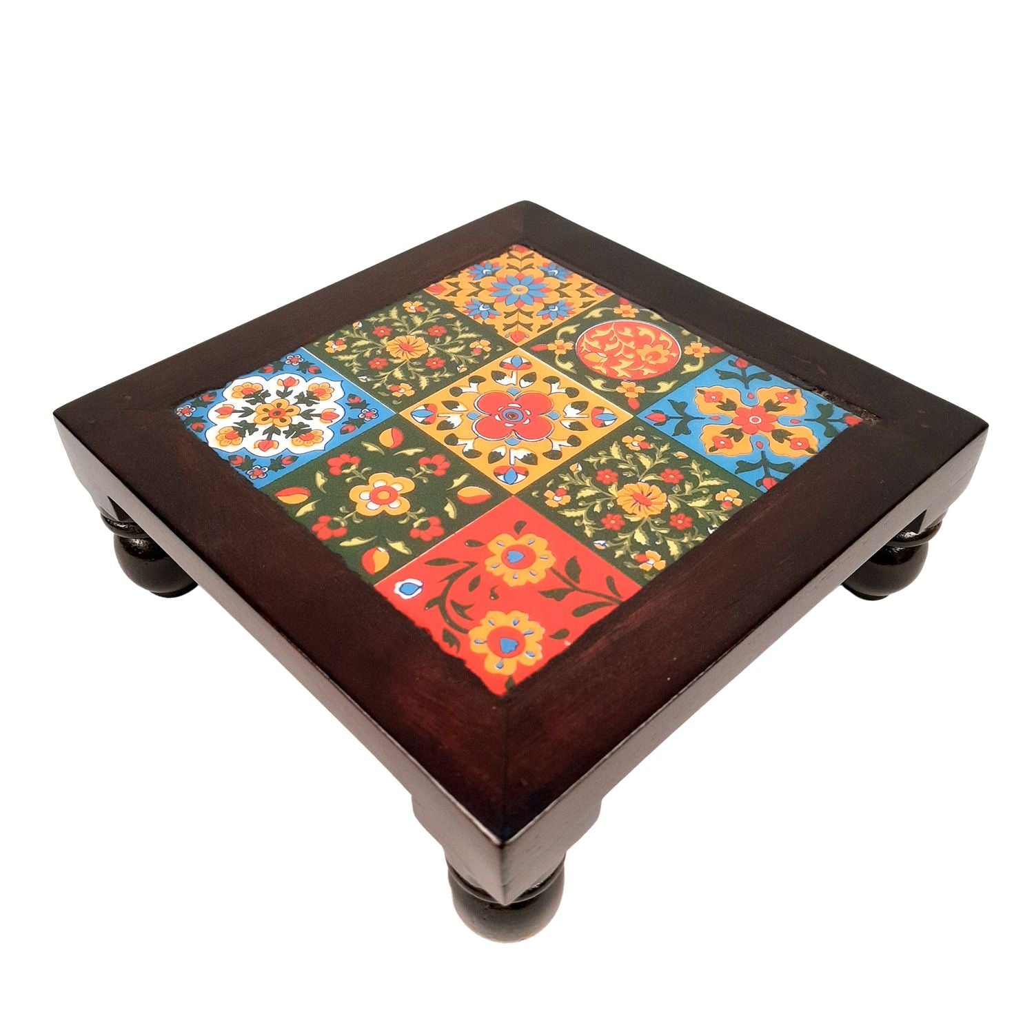 Puja Chowki Bajot with Ceramic Tiles | Wooden Patla - For Pooja, Sitting & Home Decor - 8 Inch - Apkamart
