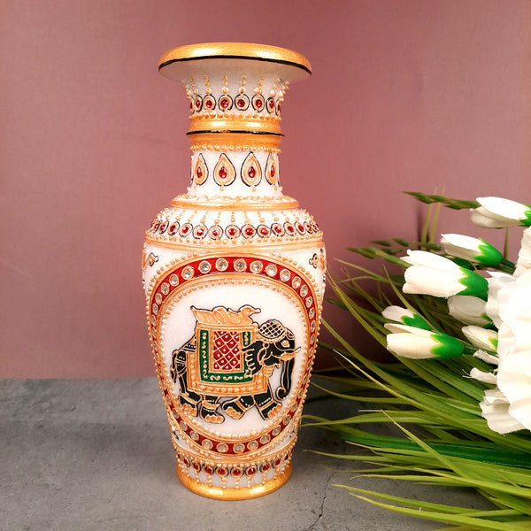 Flower Pot | Vase - Marble With Intricate Handwork, Rich Detailing And Elephant Design - for Home Decoration, Living Room, Table, Shelf, Office & Interior Decor | House Warming & Festival Gift  - 9 Inch