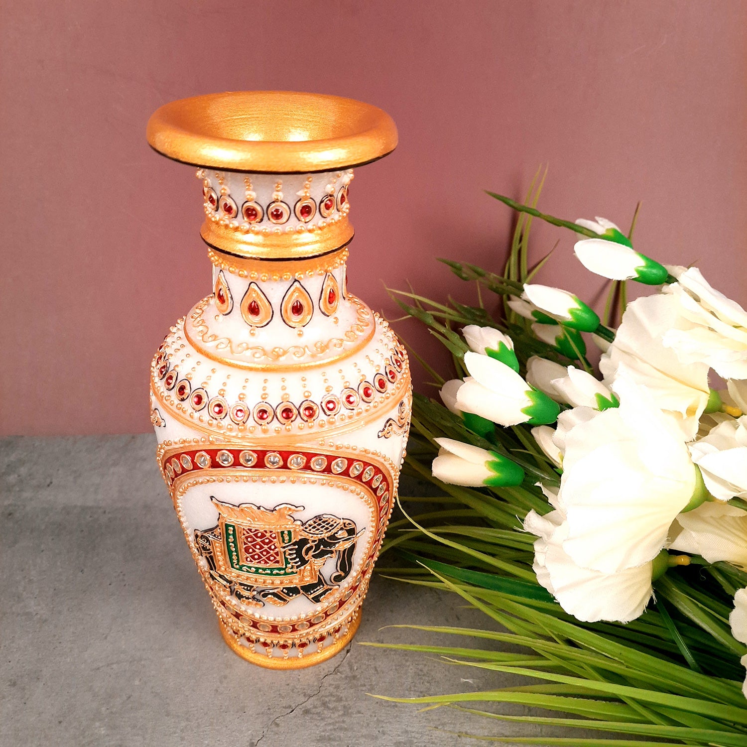 Flower Pot | Vase - Marble With Intricate Handwork, Rich Detailing And Elephant Design - for Home Decoration, Living Room, Table, Shelf, Office & Interior Decor | House Warming & Festival Gift  - 9 Inch