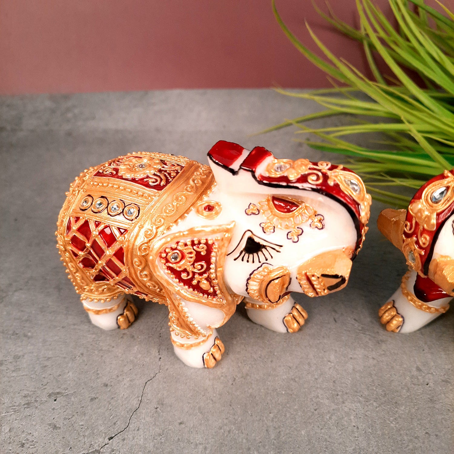 Elephant Showpiece Marble | Decorative Elephant Figurines - For Table, Living Room & Home Decoration - (Height - 4 Inch, Set of 2) - Apkamart