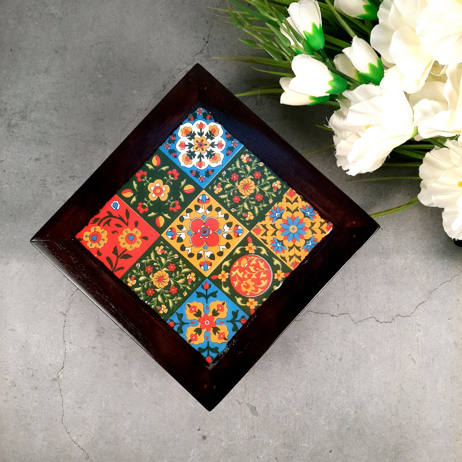 Puja Chowki Bajot with Ceramic Tiles | Wooden Patla - For Pooja, Sitting & Home Decor - 8 Inch - Apkamart
