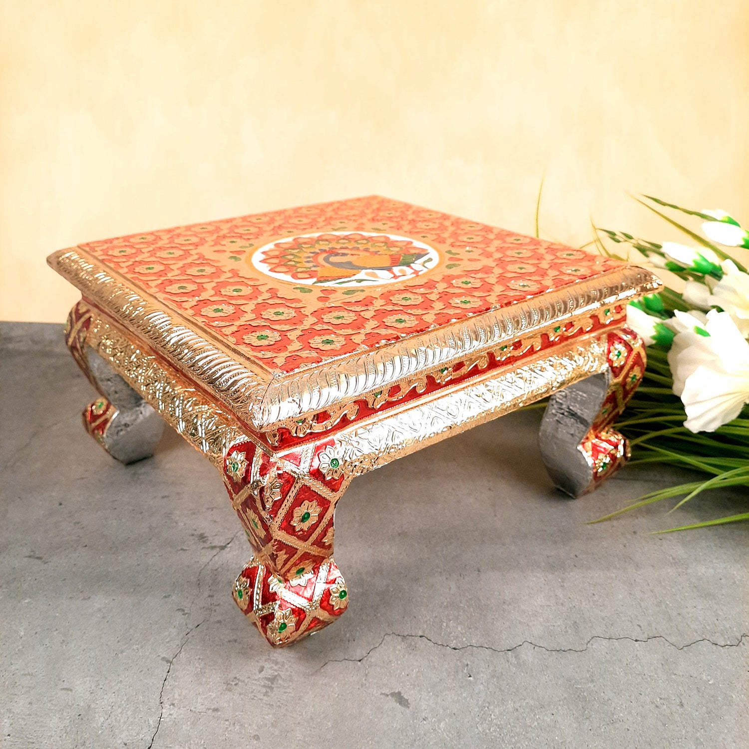 Meenakari Wooden Chowki Bajot - For Pooja & Home Decor - 12 Inch- Apkamart #Style_Pack of 2