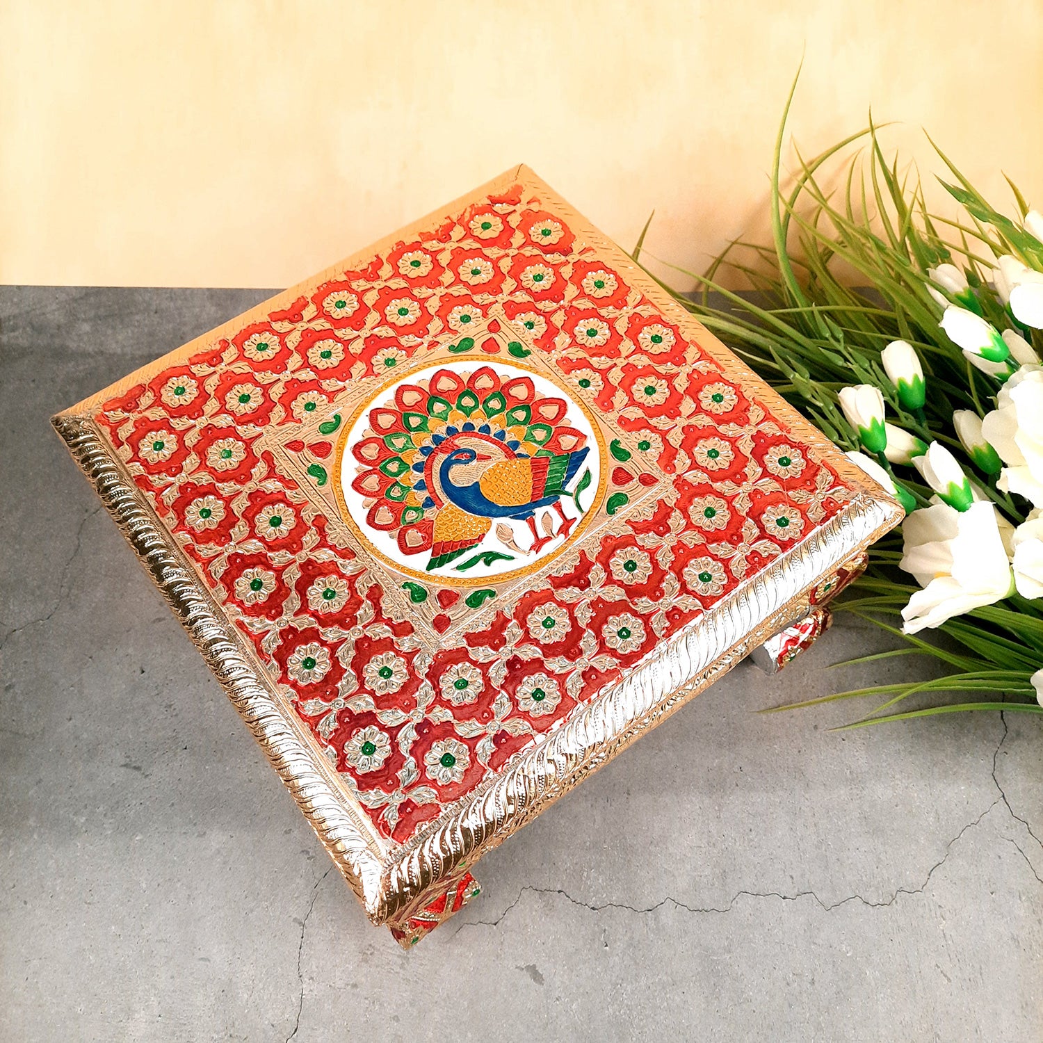 Meenakari Wooden Chowki Bajot - For Pooja & Home Decor - 12 Inch- Apkamart #Style_Pack of 1