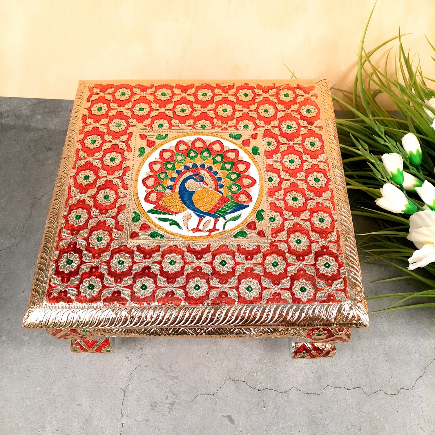 Meenakari Wooden Chowki Bajot - For Pooja & Home Decor - 12 Inch- Apkamart #Style_Pack of 1