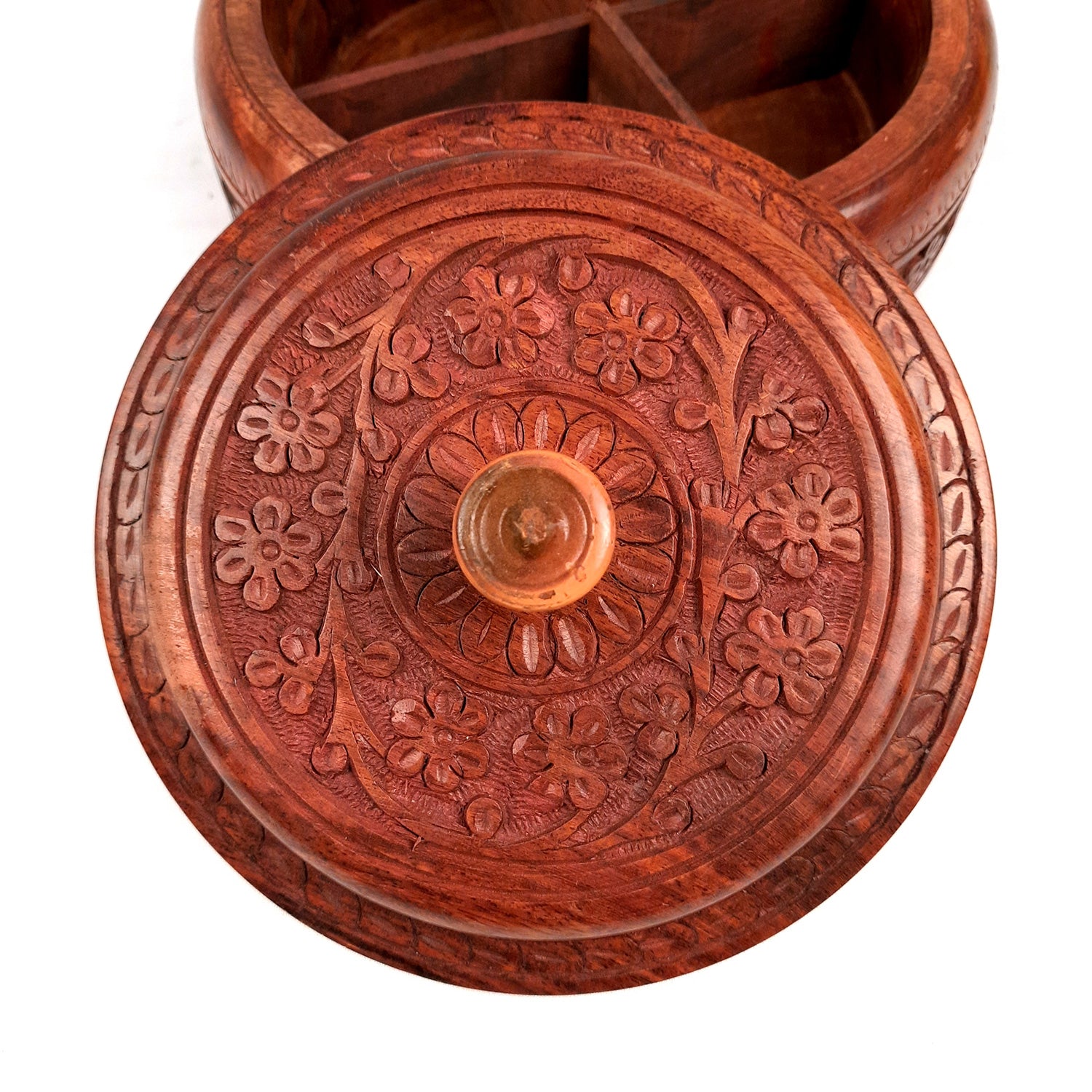 Wooden Dry Fruit Box with Lid With Beautiful Carving | Mukhwas Serving Bowl With Multiple Sections - For Kitchen & Dining Table - 7 Inch - Apkamart