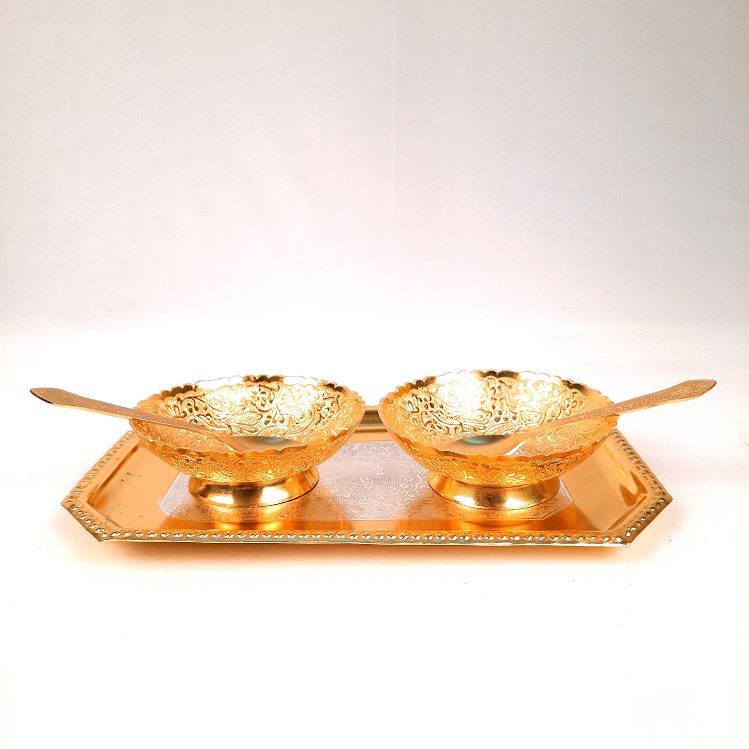 Dessert Bowls with Tray, Spoons & Gift Box | Dry Fruit/Mukhwas Serving Tray with Bowl - for Dining Table, Home & Kitchen Decor | Wedding, Housewarming & Diwal Gift Set - Apkamart