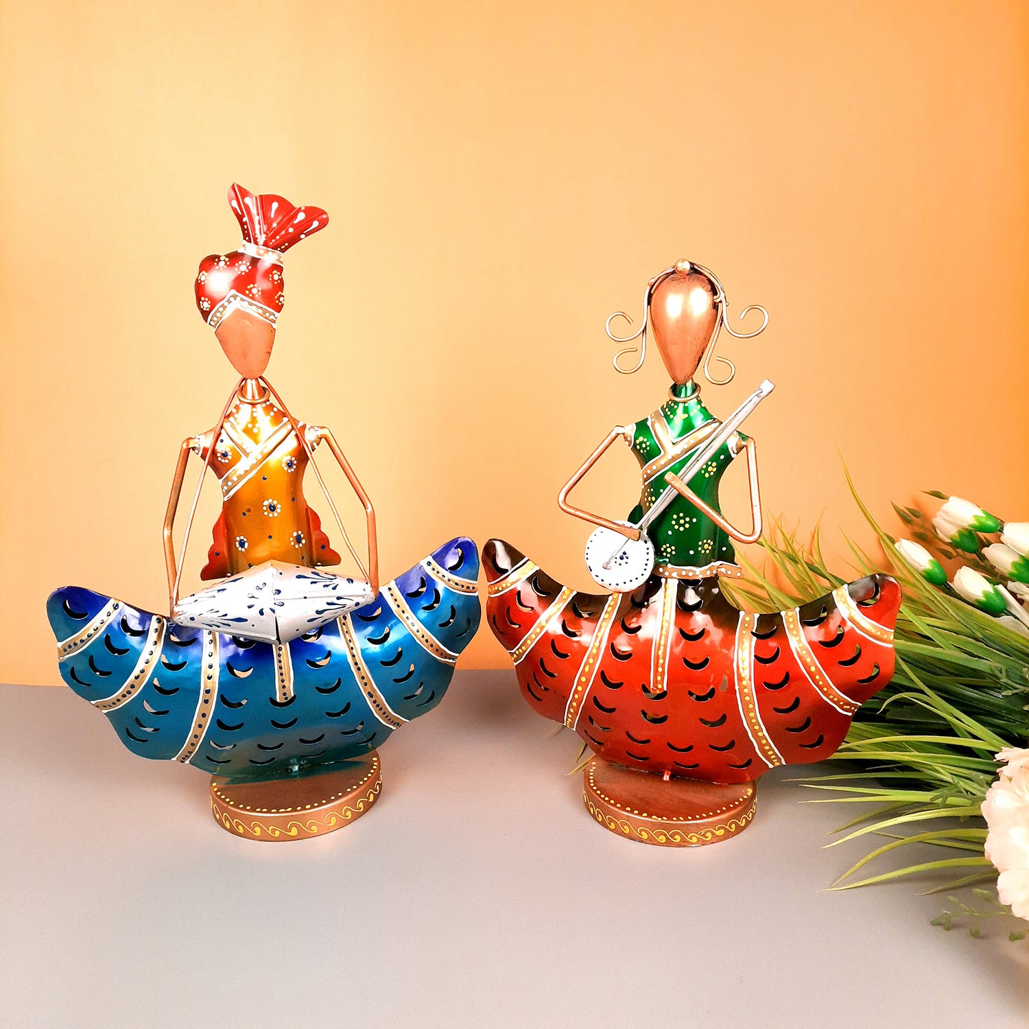 Tea Light Candle Holders - Musician Design | T Light Holder Cum Decorative Showpiece - For Table, Living Room, Shelf Decor & Gift - 14 Inch (Set of 2) - apkamart