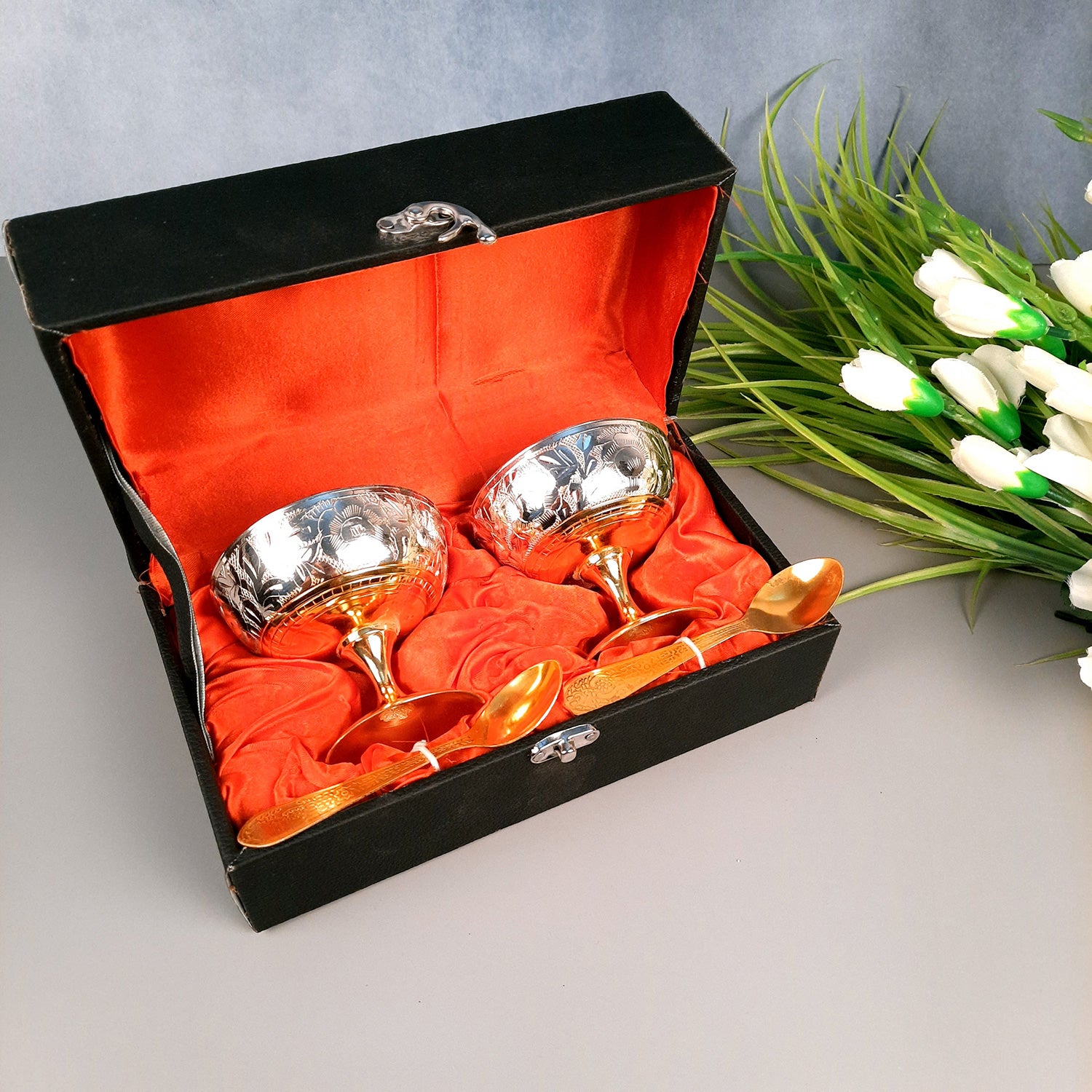 Dessert Bowls | Ice Cream Bowl with Spoon & Gift Box | Dry Fruit/Mukhwas Servware - for Dining Table, Home & Kitchen Decor | Wedding, Housewarming & Diwal Gift Set - Apkamart