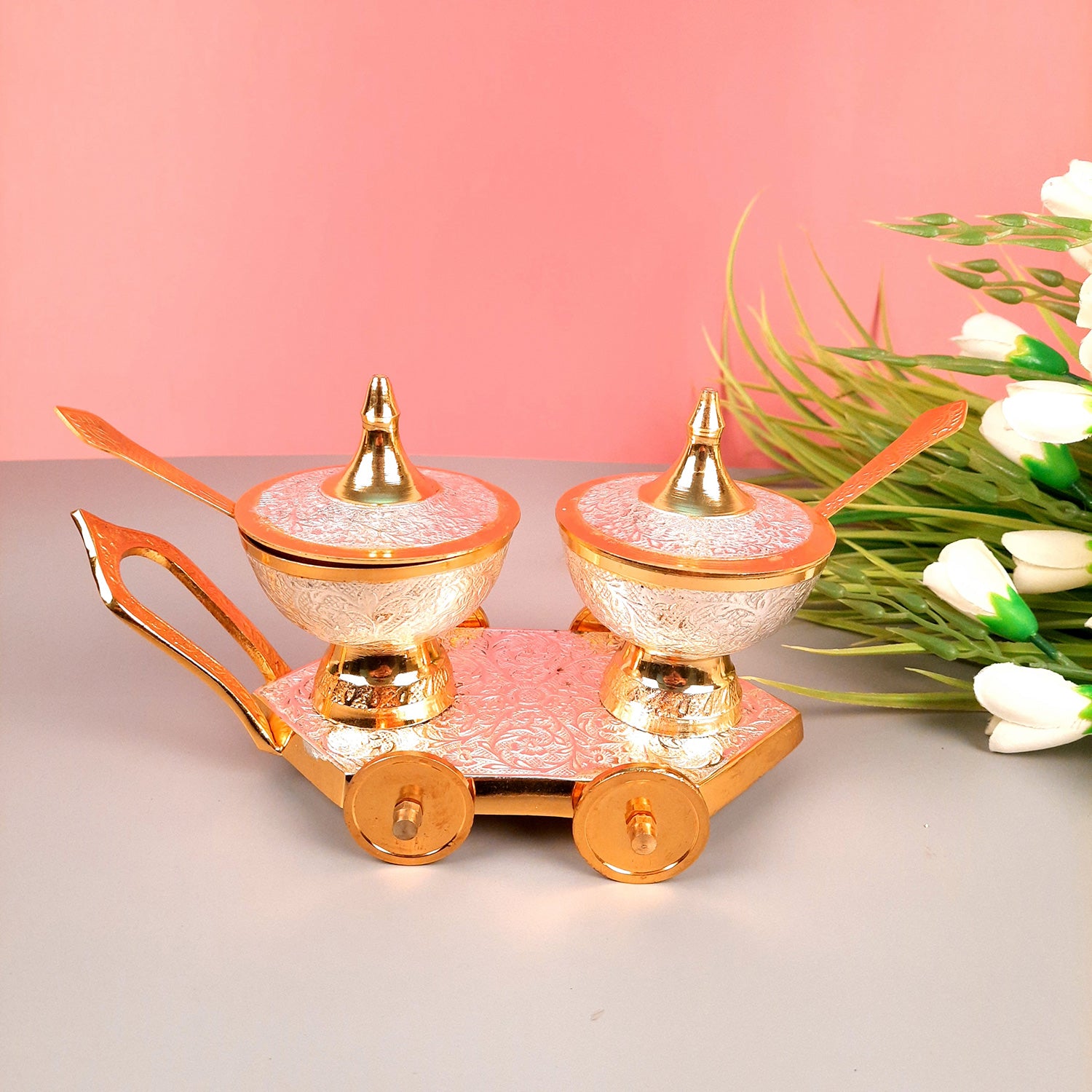Dry Fruit Serving Bowls With Trolley | Mukhwas Bowl With Cart - For Dry Fruit, Chocolates, Mouth Freshener | Wedding & Diwali Gift Set - (LxH - 9x5 Inch) - Apkamart