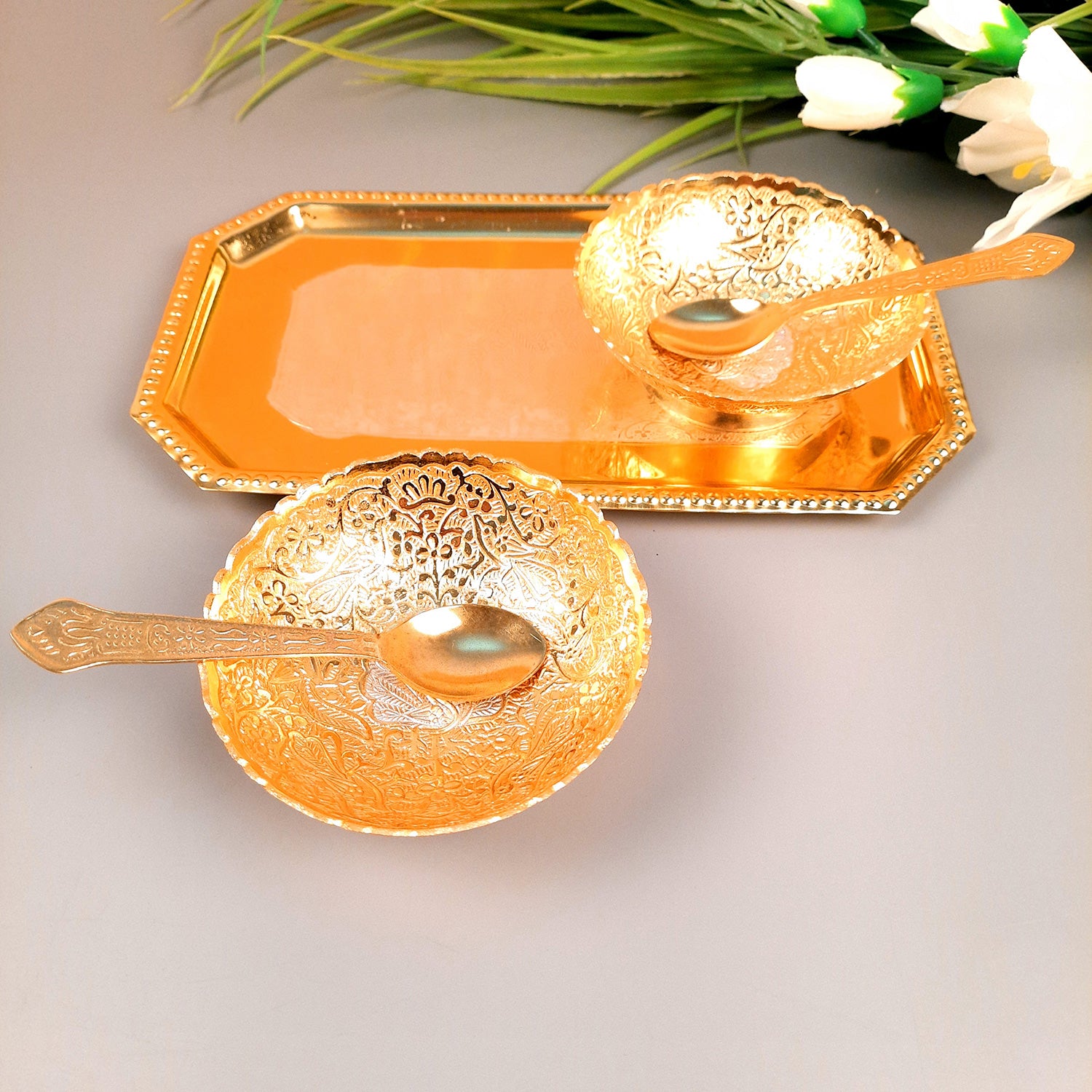 Dessert Bowls with Tray, Spoons & Gift Box | Dry Fruit/Mukhwas Serving Tray with Bowl - for Dining Table, Home & Kitchen Decor | Wedding, Housewarming & Diwal Gift Set - Apkamart