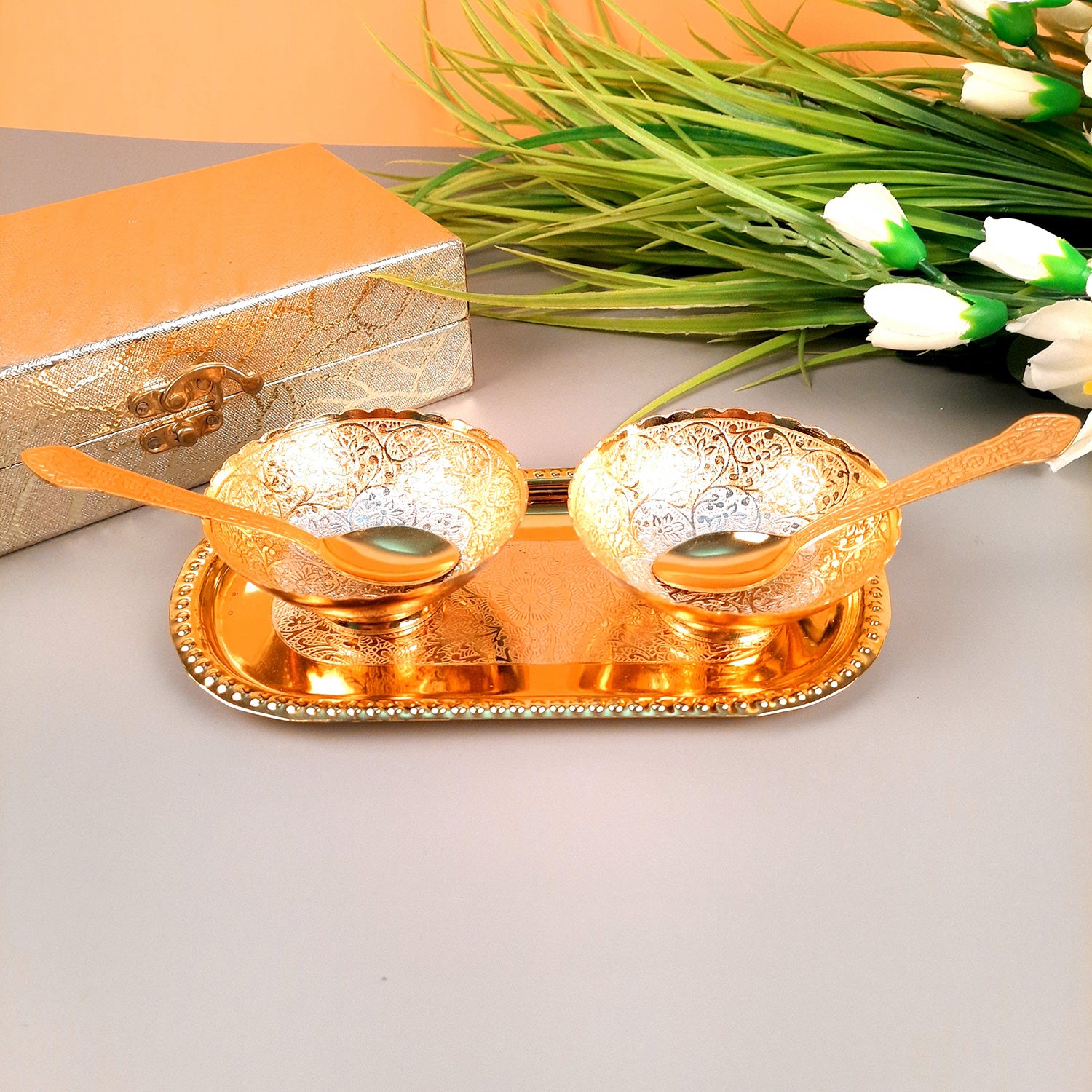 Dessert Bowls With Tray, Spoon & Gift Box | Dry Fruit / Mukhwas Serving Tray With Bowl - For Dining Table, Home & Kitchen Decor | Wedding, Housewarming & Diwal Gift Set - Apkamart