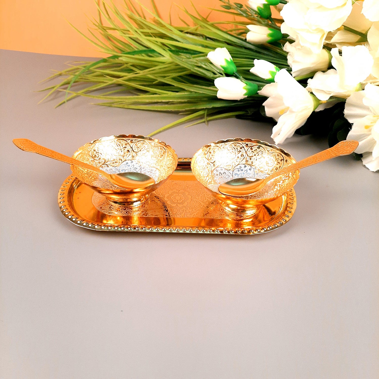 Dessert Bowls With Tray, Spoon & Gift Box | Dry Fruit / Mukhwas Serving Tray With Bowl - For Dining Table, Home & Kitchen Decor | Wedding, Housewarming & Diwal Gift Set - Apkamart